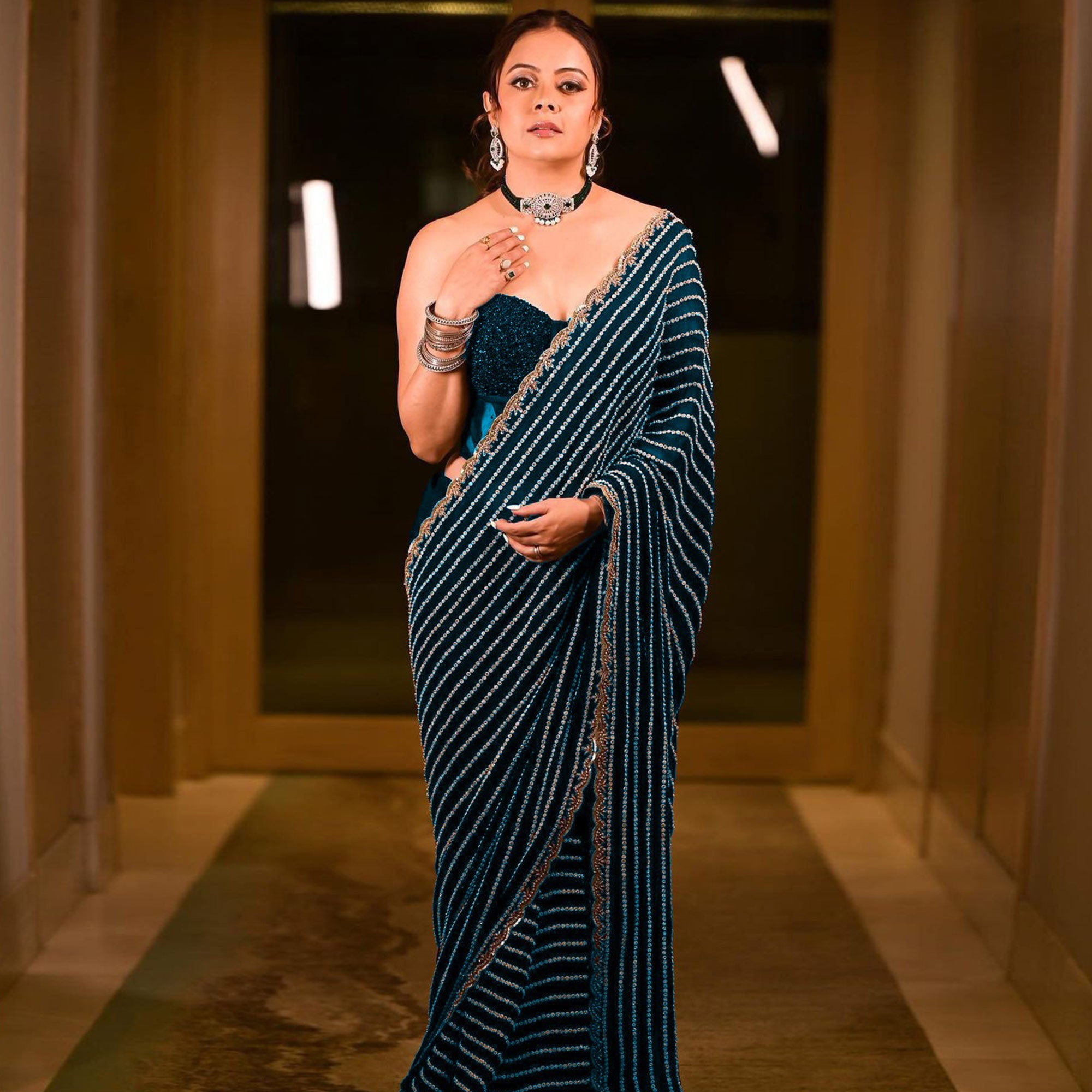 Morpich Sequins Embroidered Georgette Saree