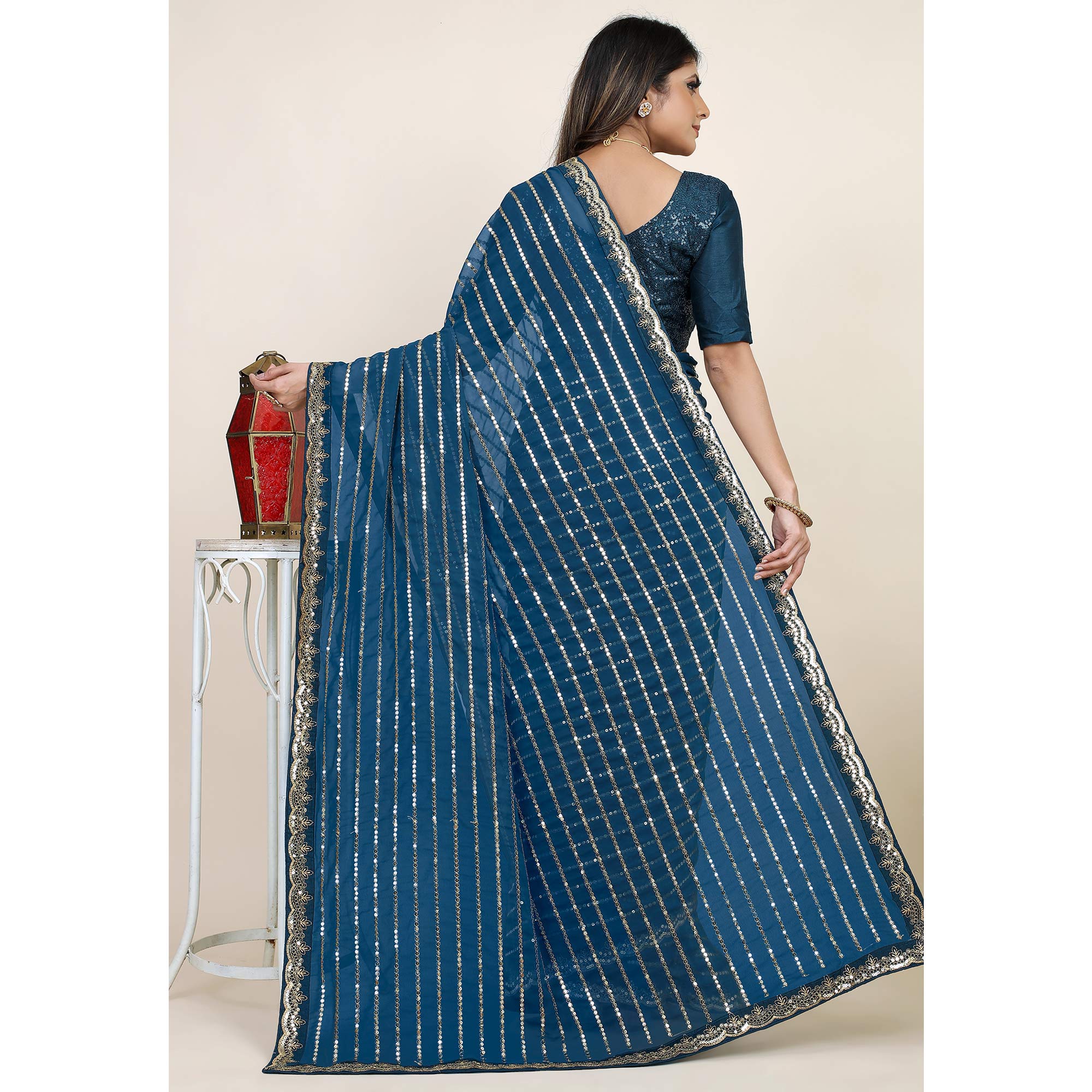 Morpich Sequins Embroidered Georgette Saree