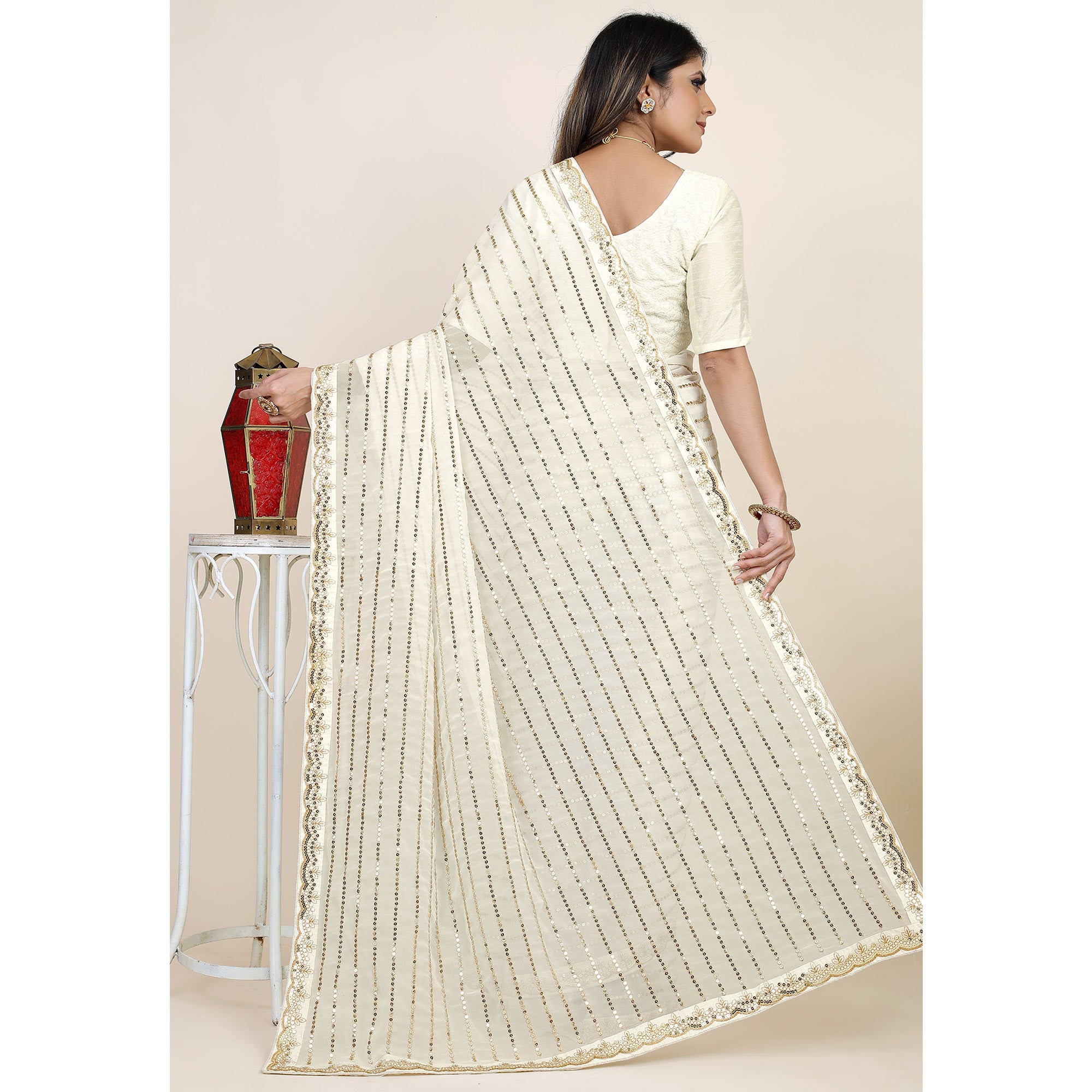 Off White Sequins Embroidered Georgette Saree