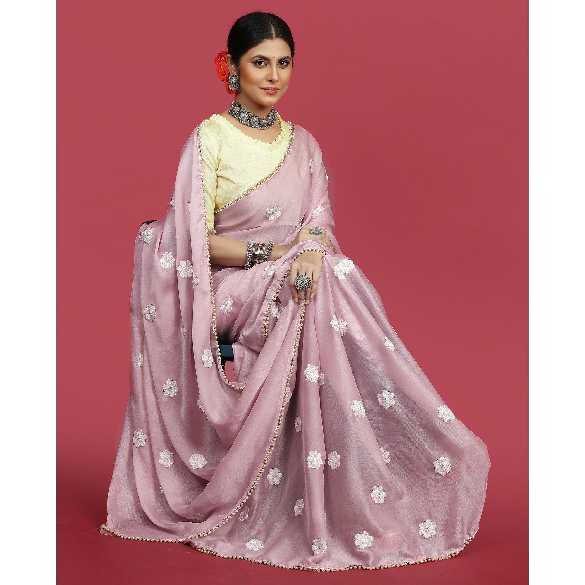 Pink Floral Embroidered Chiffon Saree