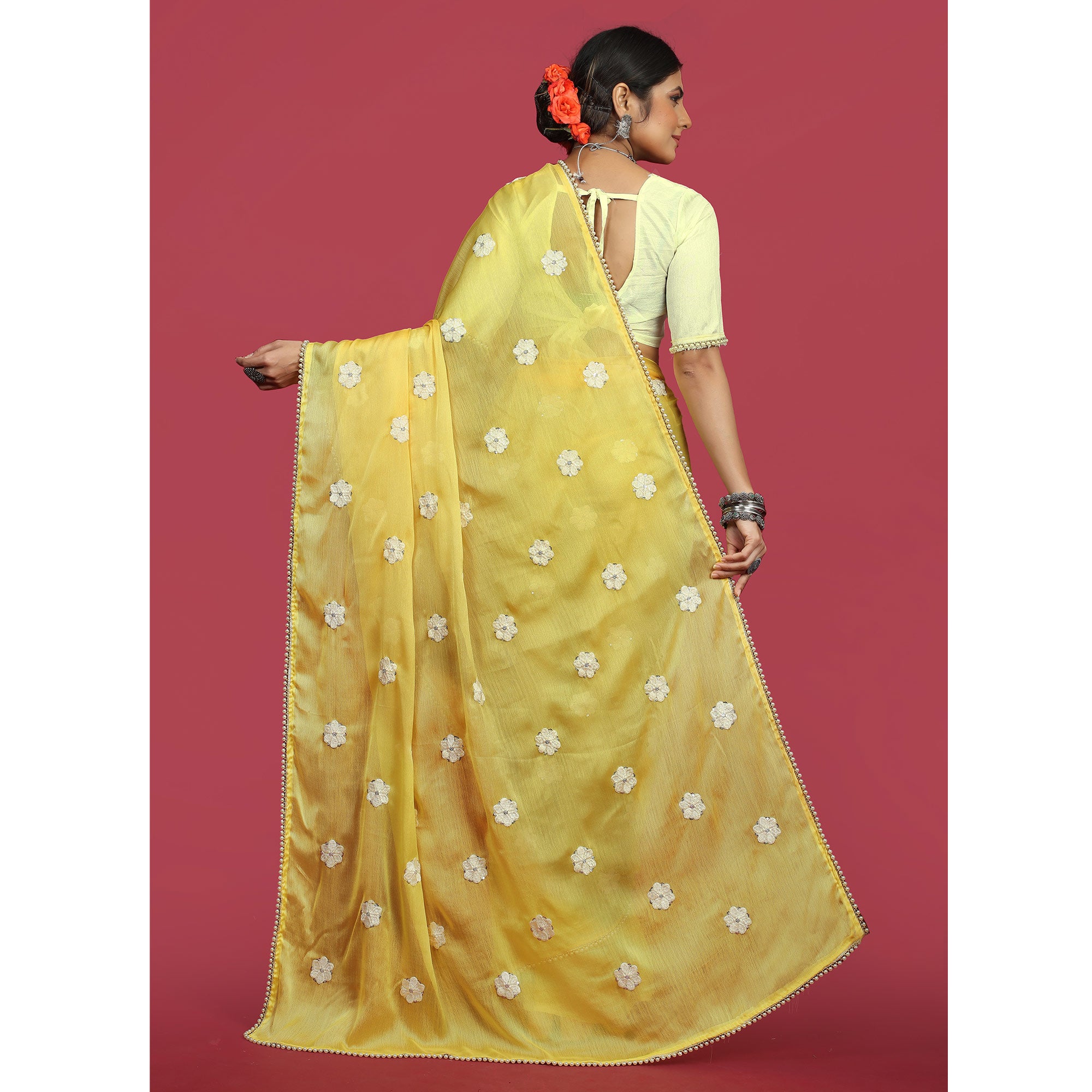 Yellow Floral Embroidered Chiffon Saree
