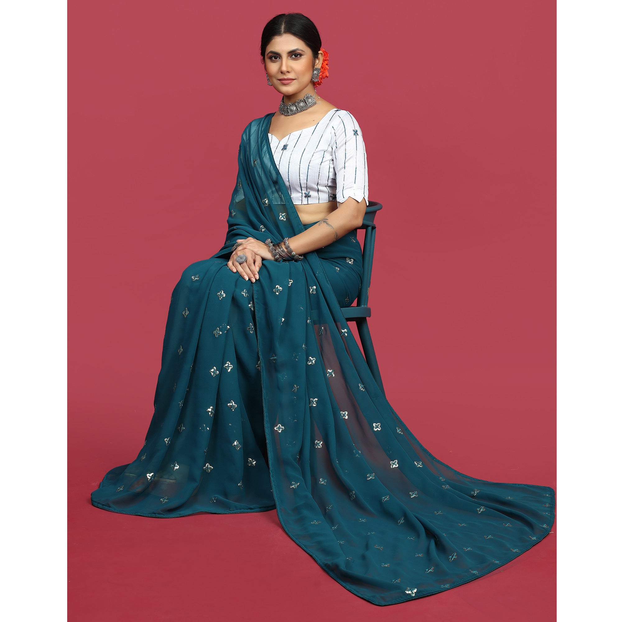 Morpich Sequins Embroidered Georgette Saree