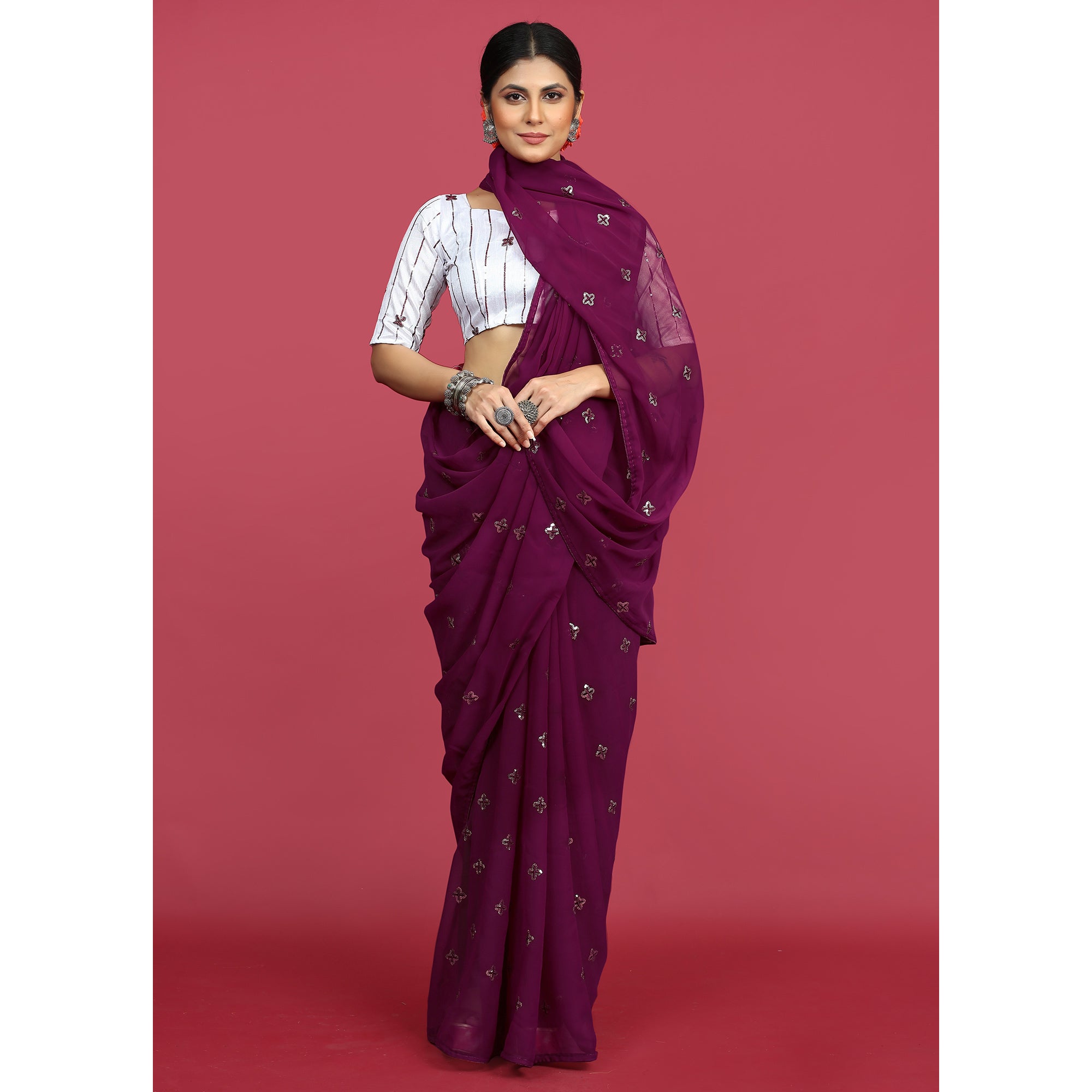 Wine Sequins Embroidered Georgette Saree