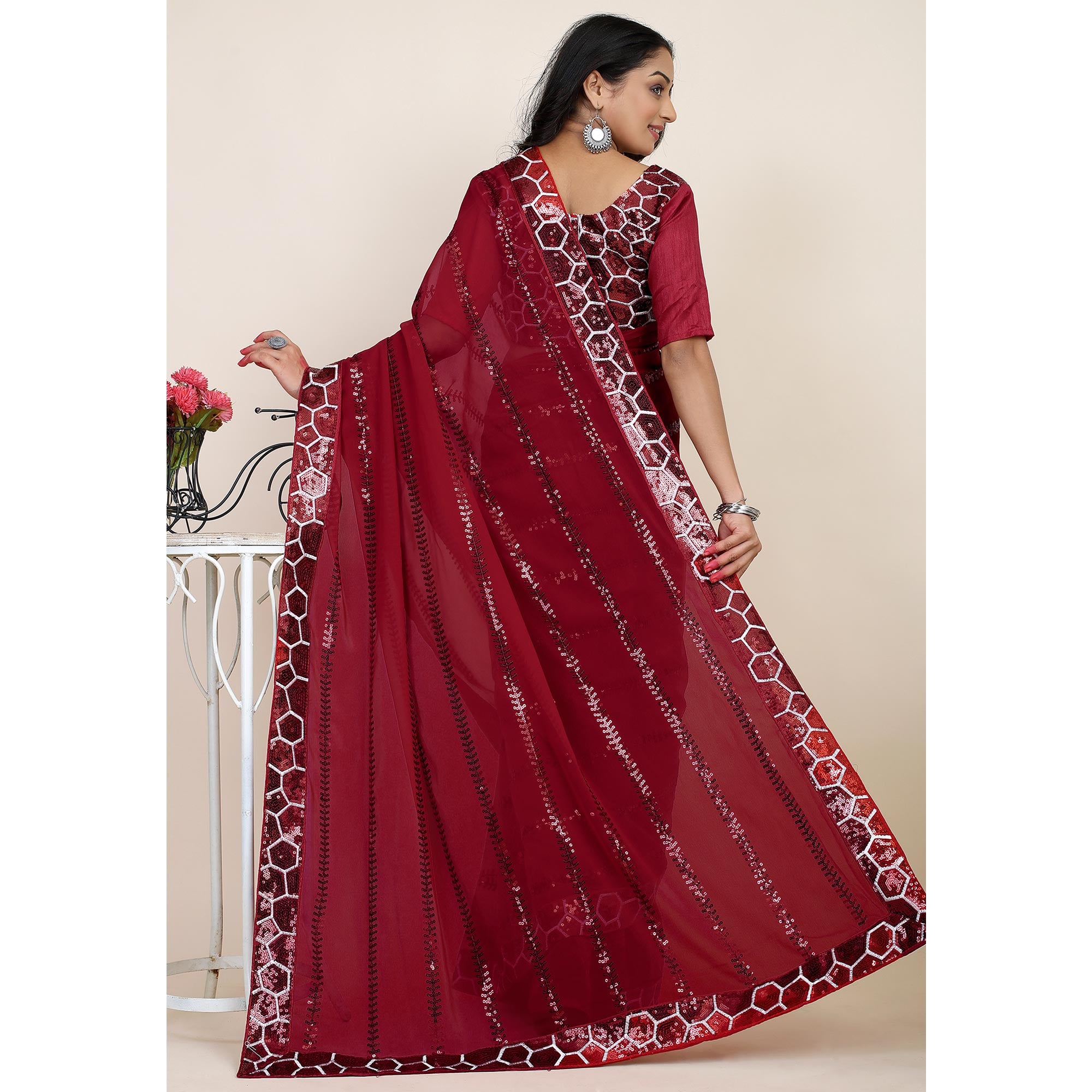Maroon Sequins Embroidered Georgette Saree