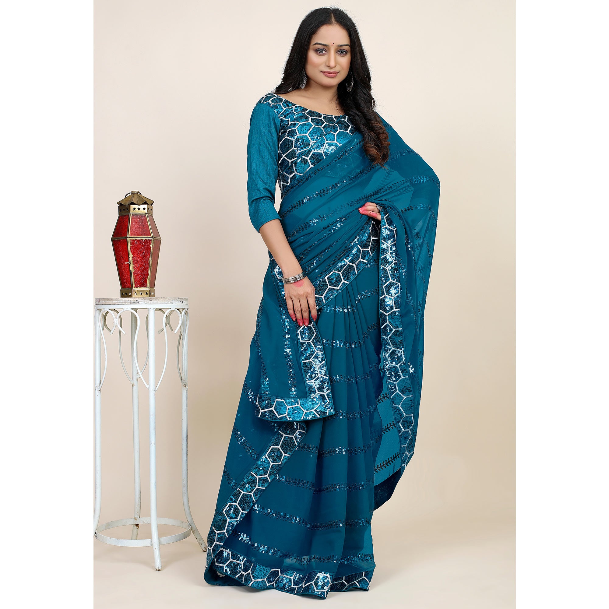 Blue Sequins Embroidered Georgette Saree
