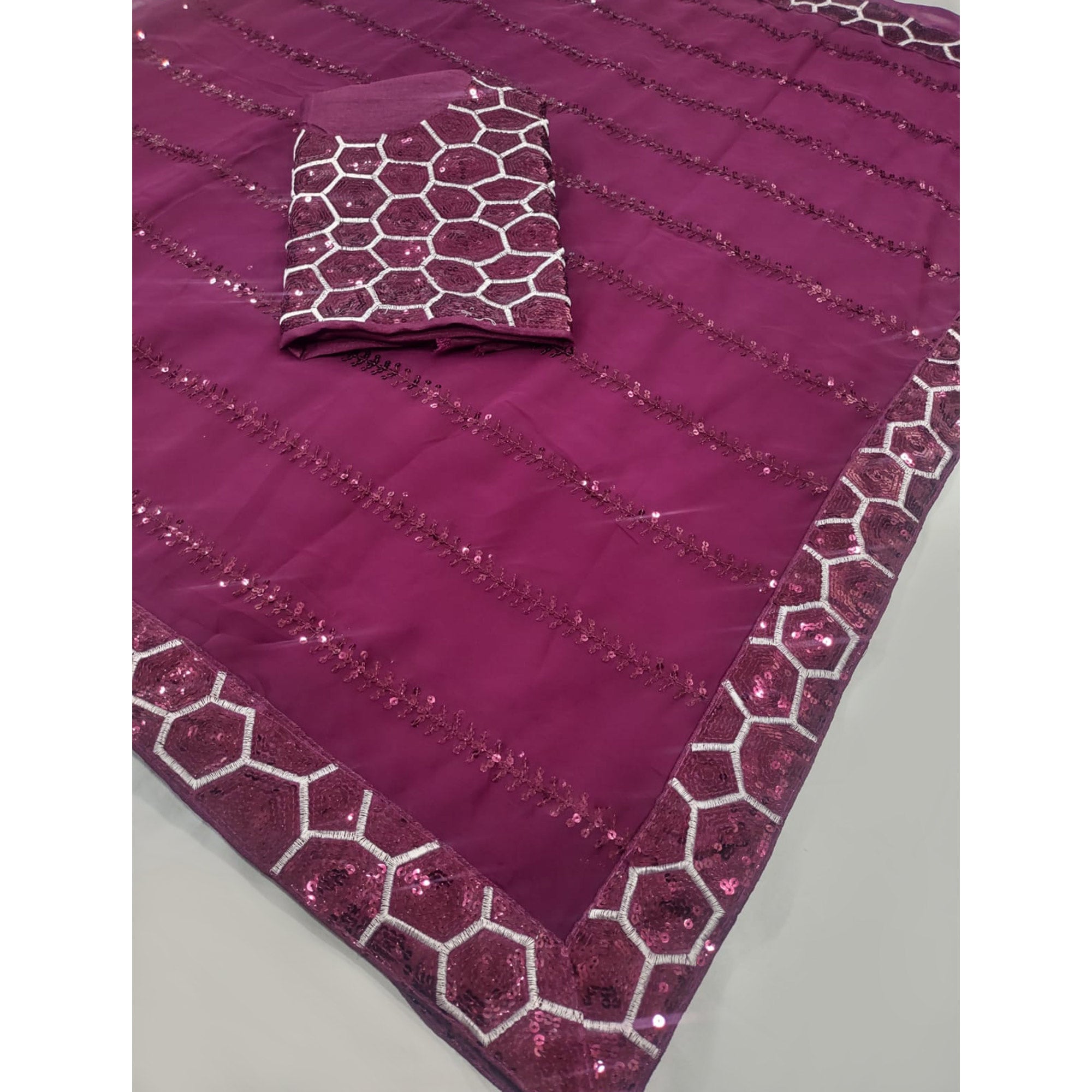 Wine Sequins Embroidered Georgette Saree