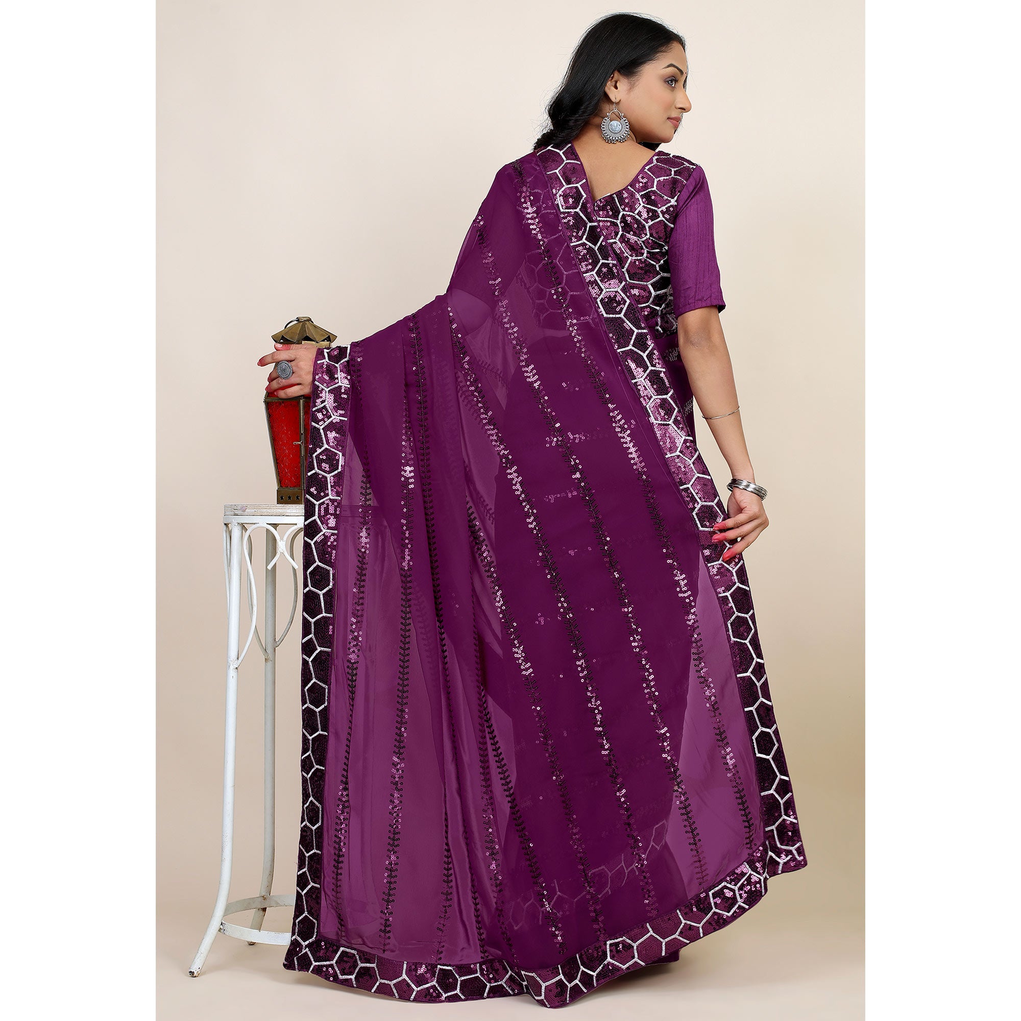 Wine Sequins Embroidered Georgette Saree