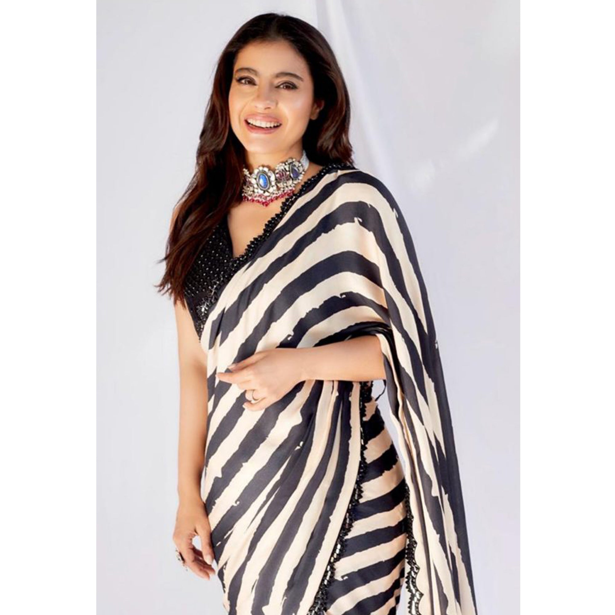 Black & White Printed Georgette Saree With Sequins Border