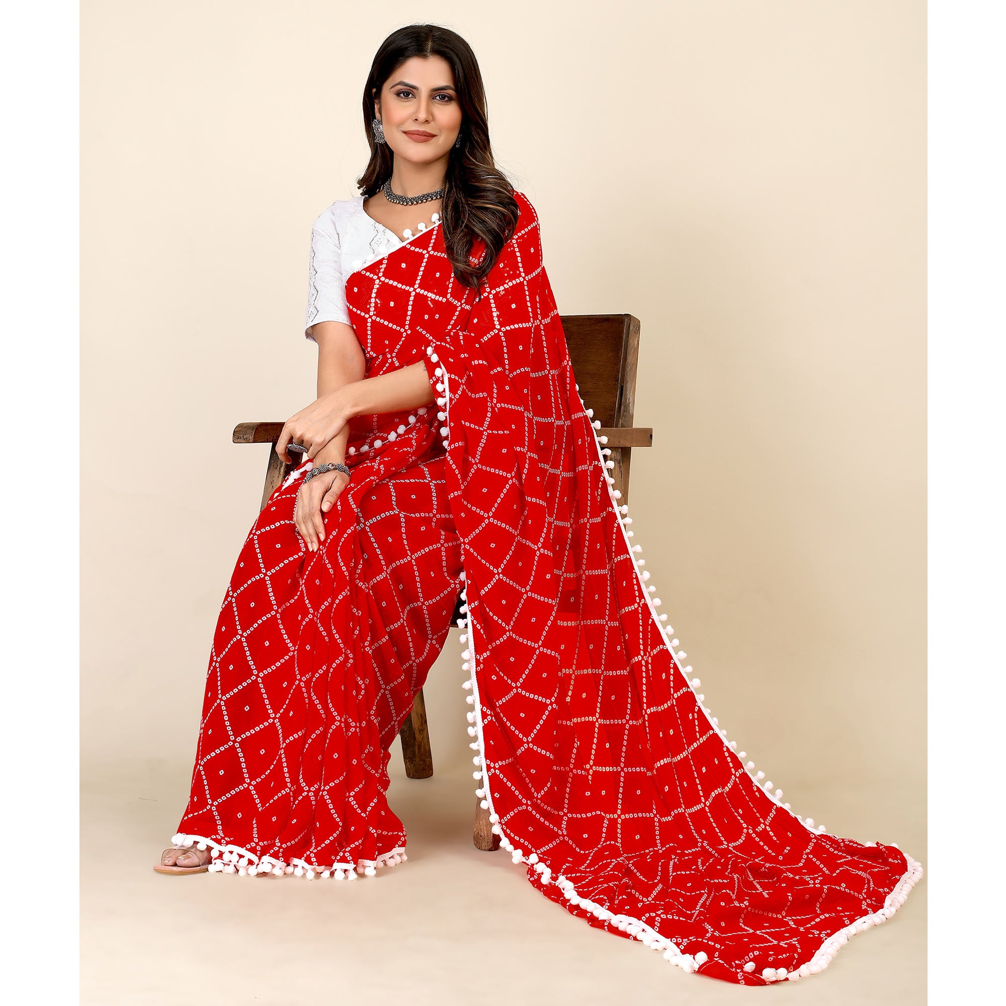 Red Bandhani Printed Georgette Saree
