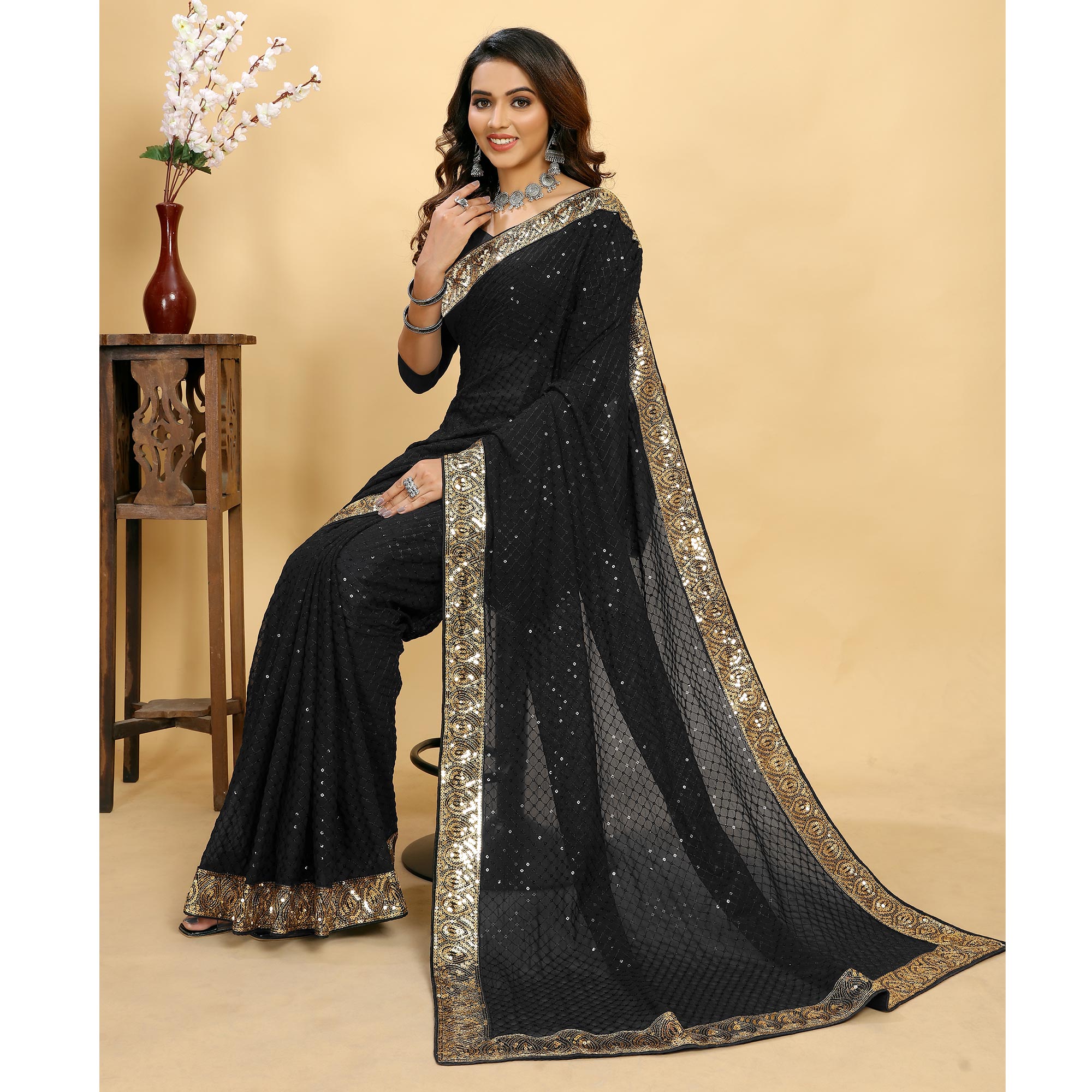 Black Sequins Embroidered Georgette Saree