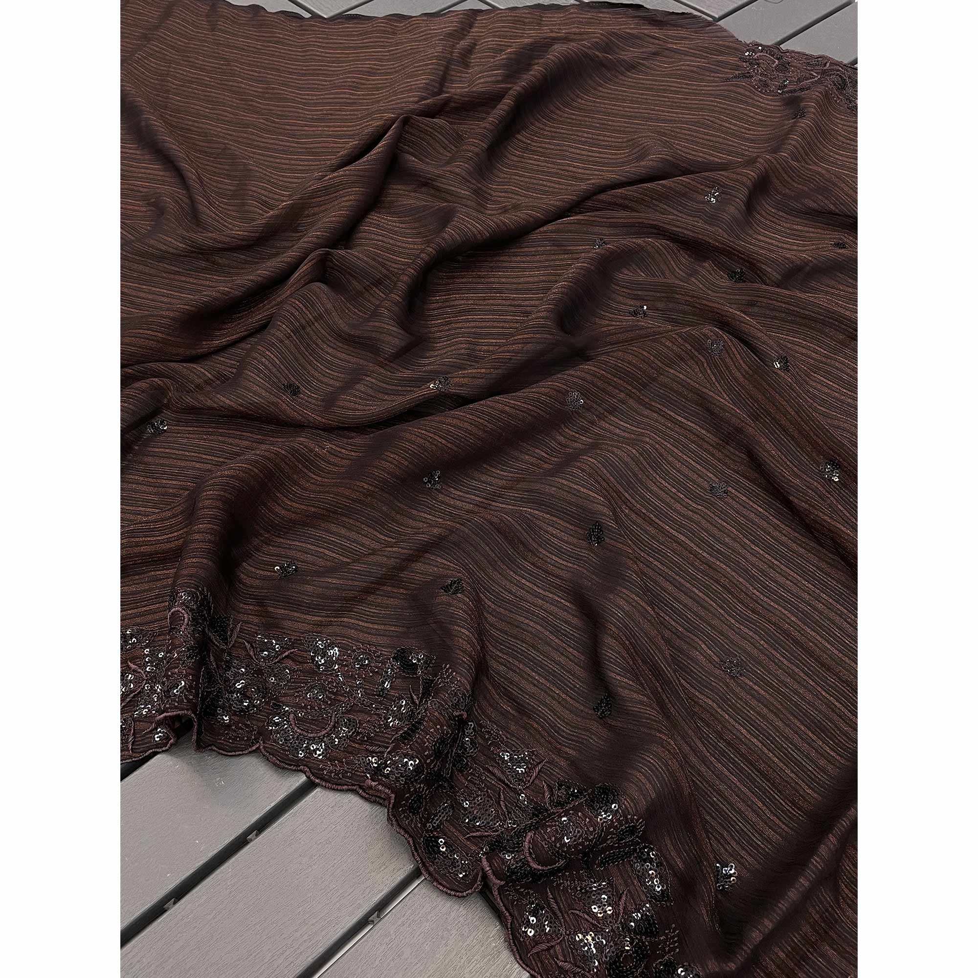 Dark Coffee Brown Sequins Embroidered Chiffon Saree