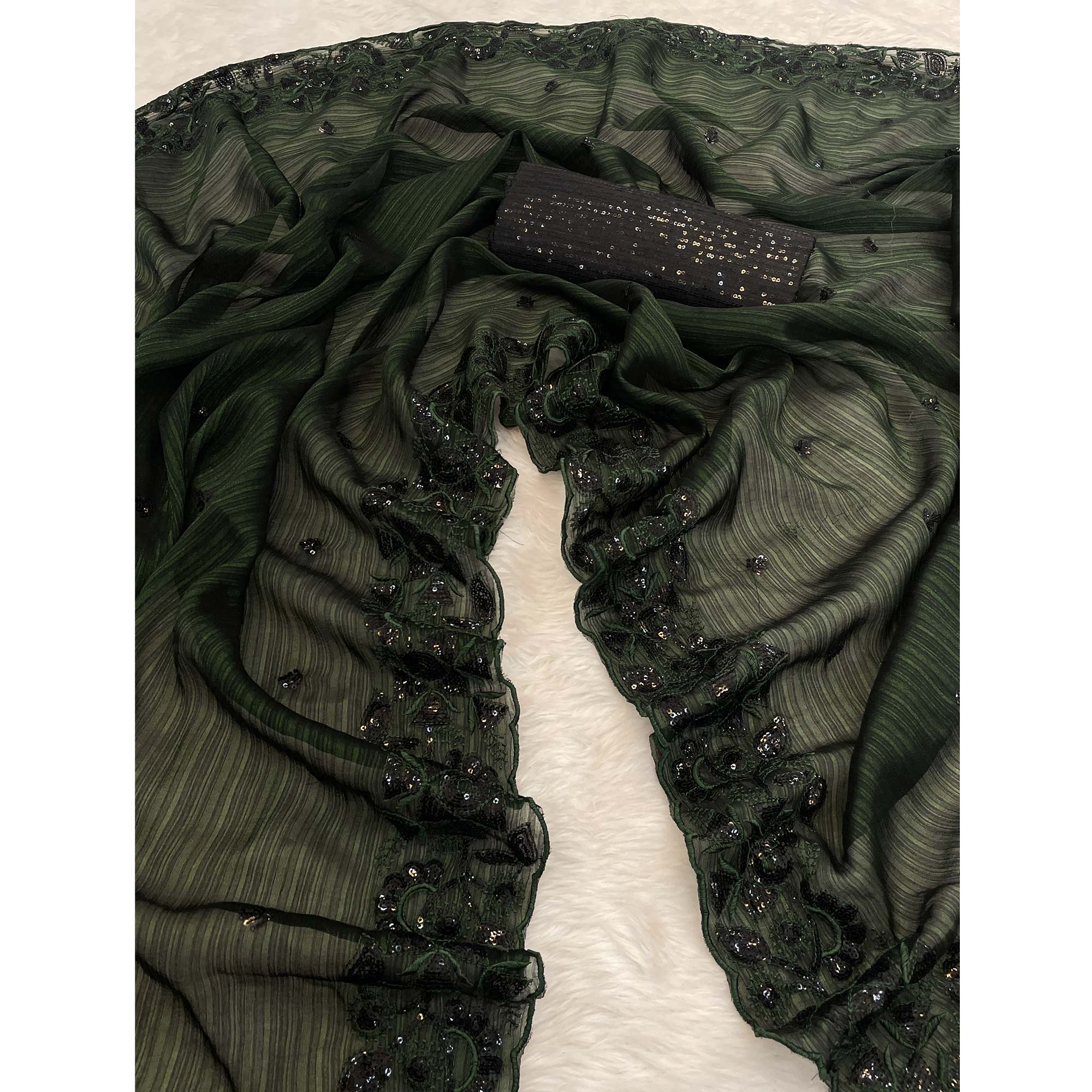 Dark Green Sequins Embroidered Chiffon Saree
