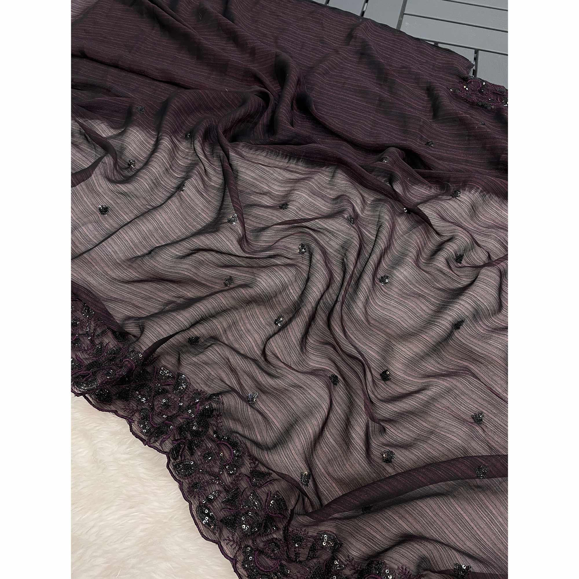 Dark Wine Sequins Embroidered Chiffon Saree