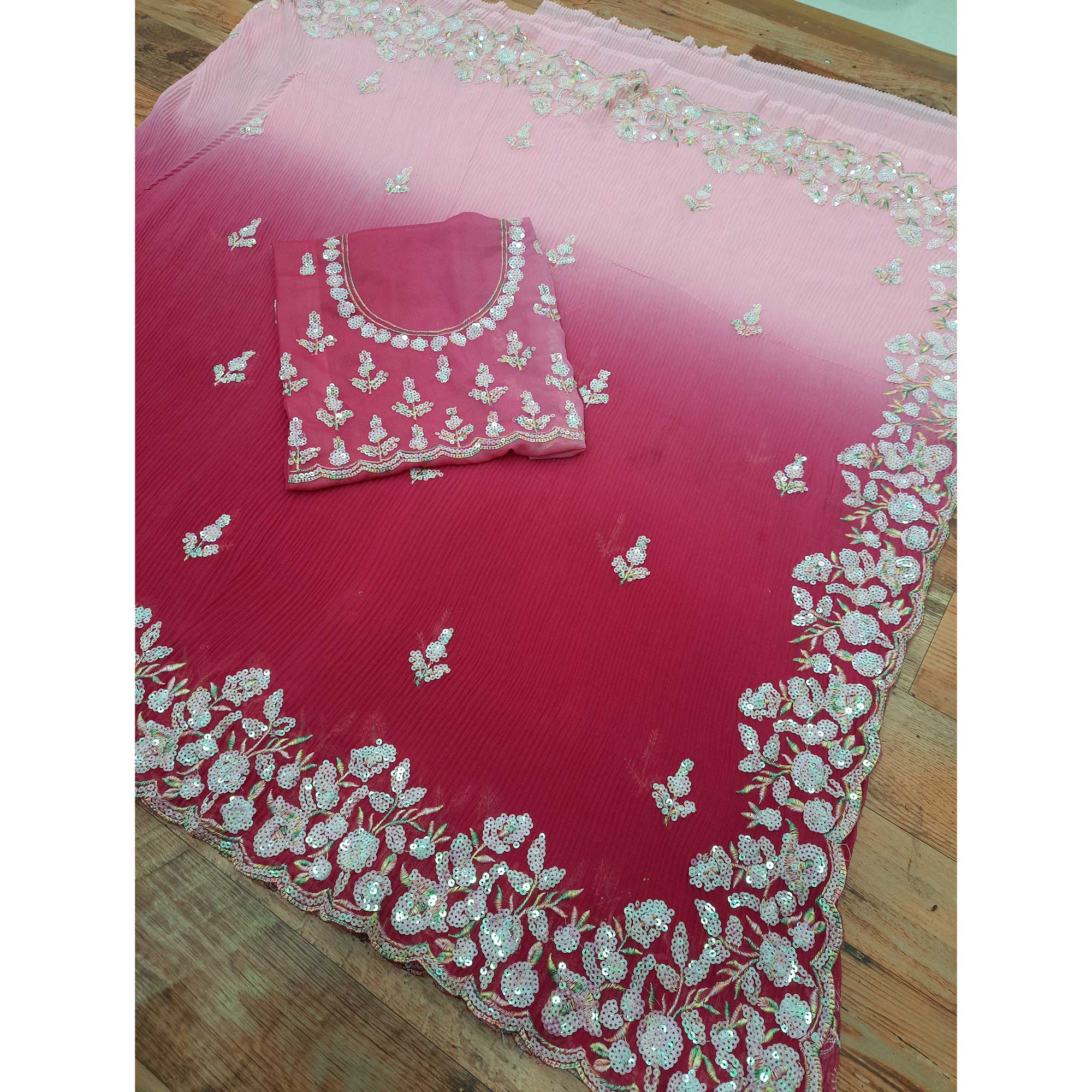 Pink Embroidered Georgette Crush Saree