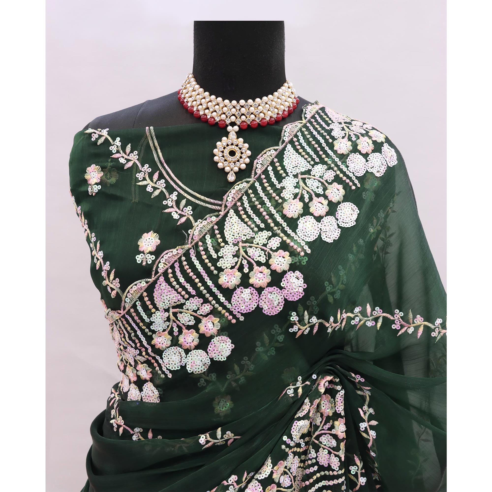 Green Sequins Embroidered Chiffon Saree