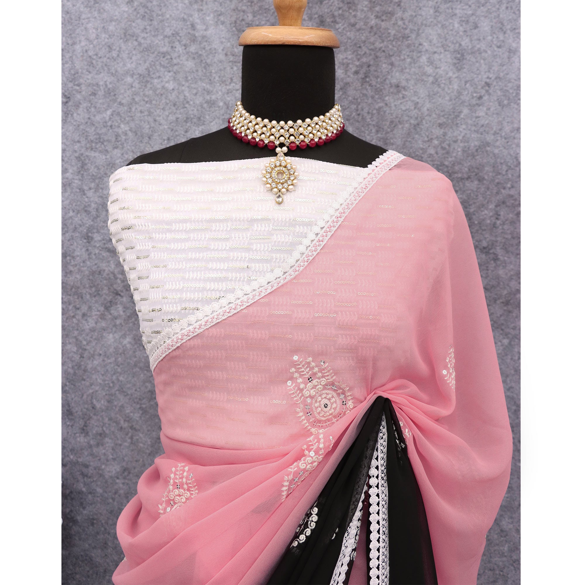 Pink & Black Sequins Embroidered Georgette Saree