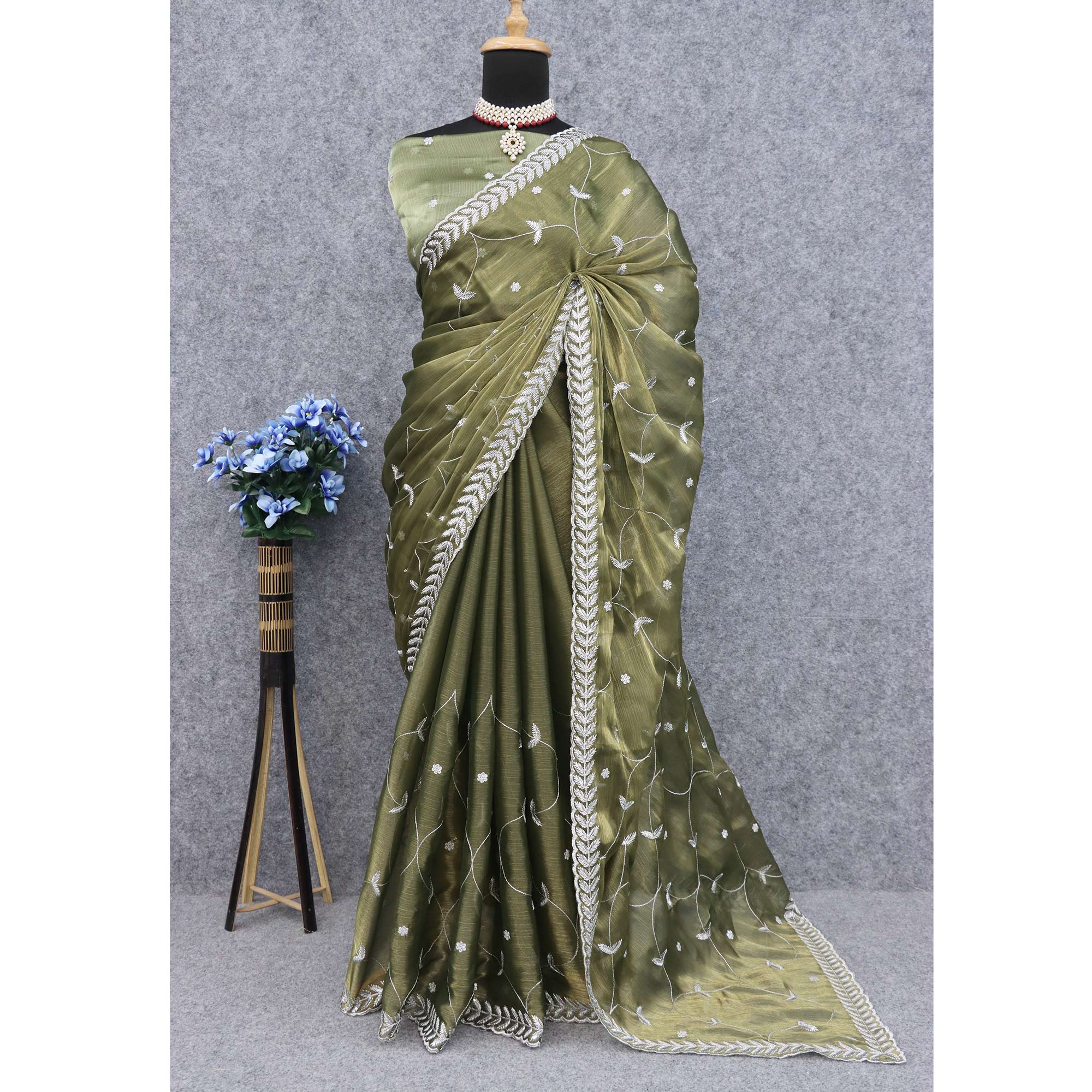 Olive Green Sequins Embroidered Chiffon Saree