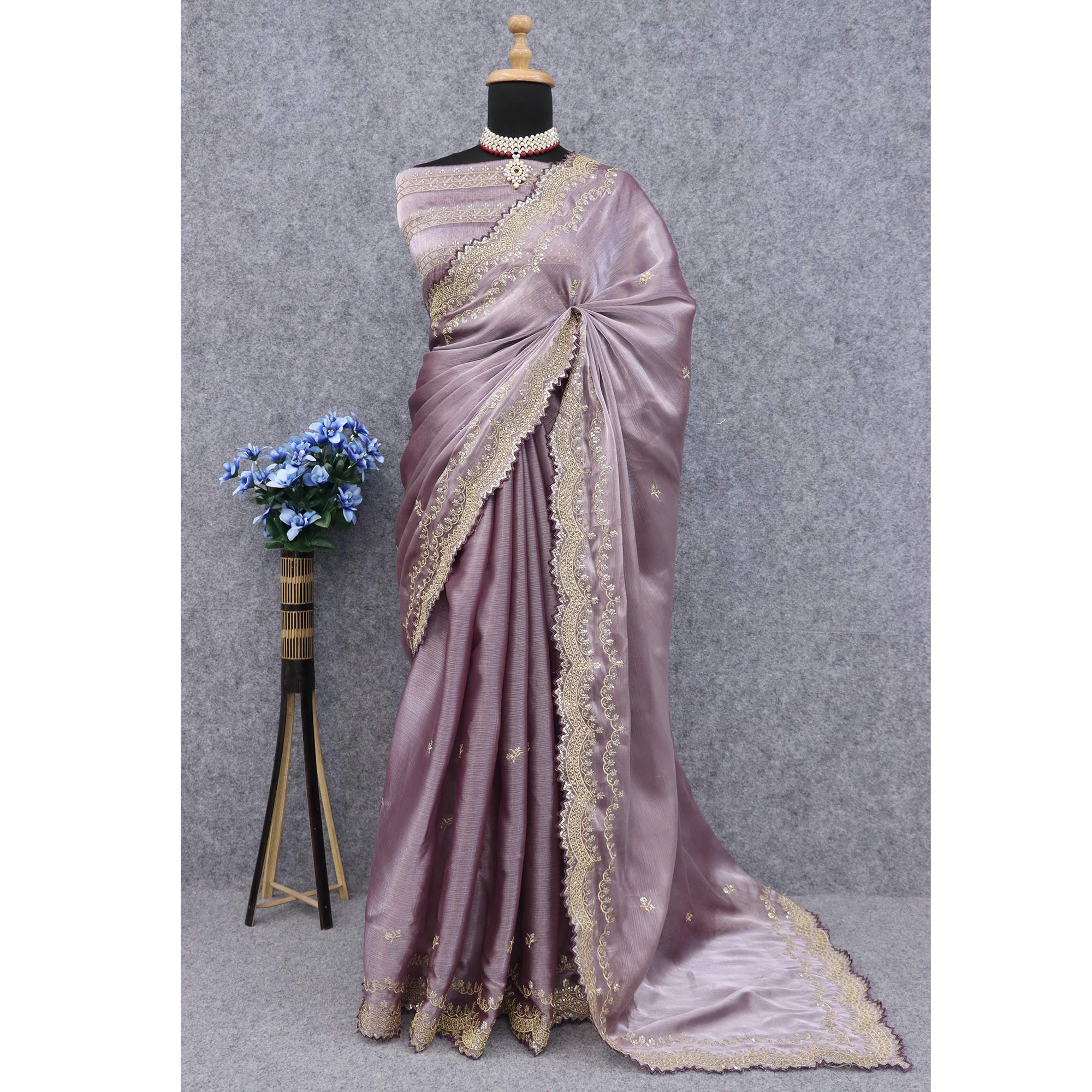 Mauve Sequins Embroidered Chiffon Saree