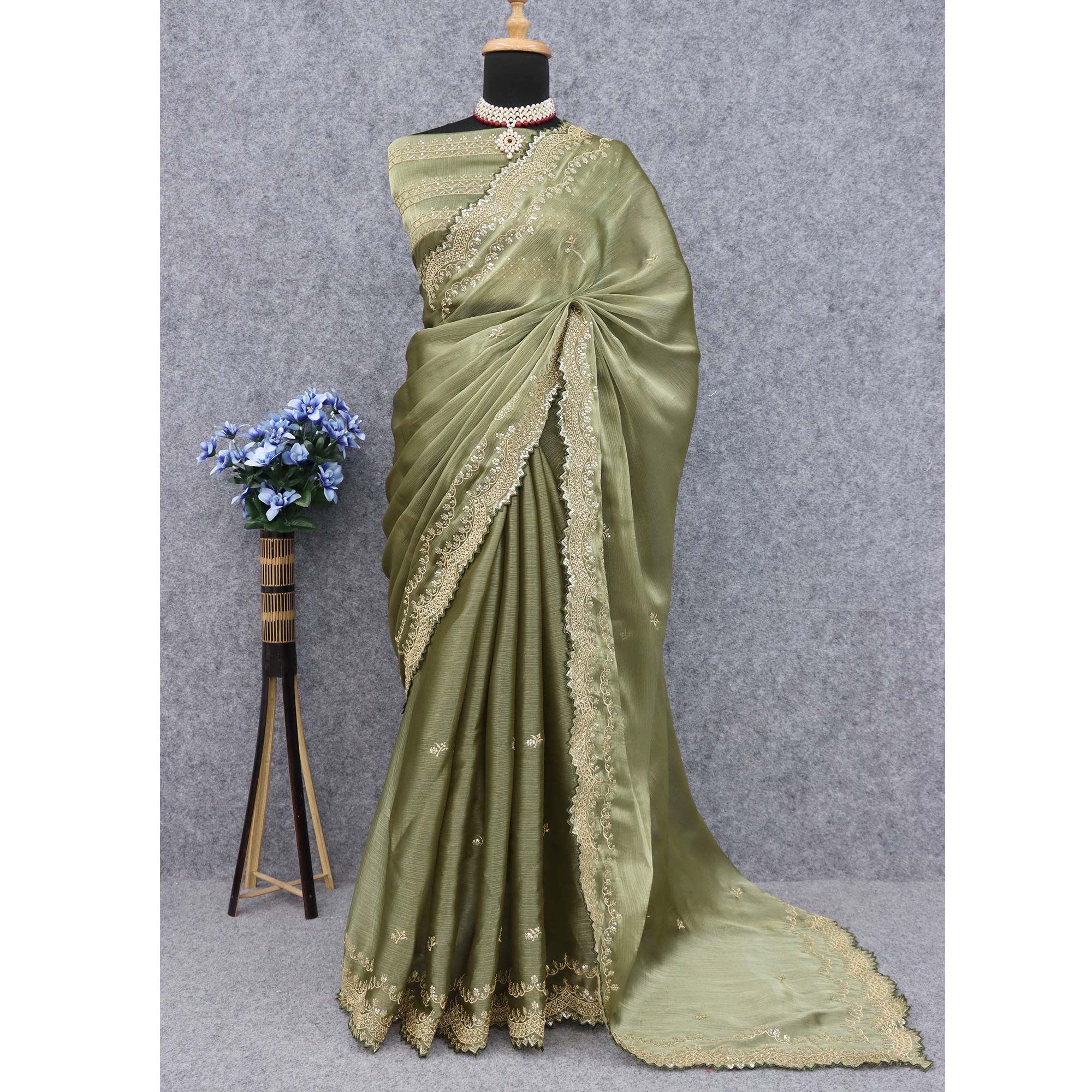 Olive Green Sequins Embroidered Chiffon Saree