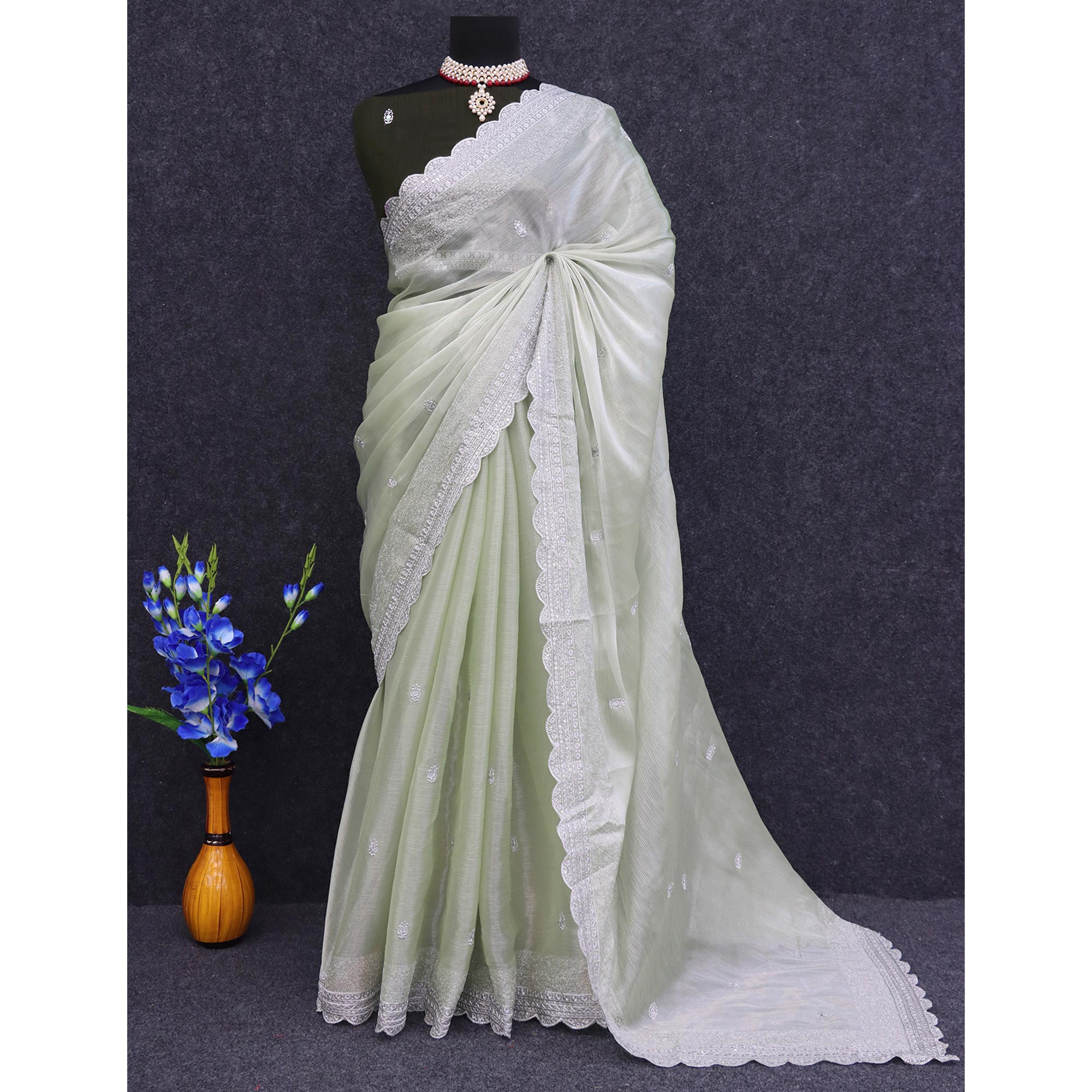 Green Sequins Embroidered Chiffon Saree