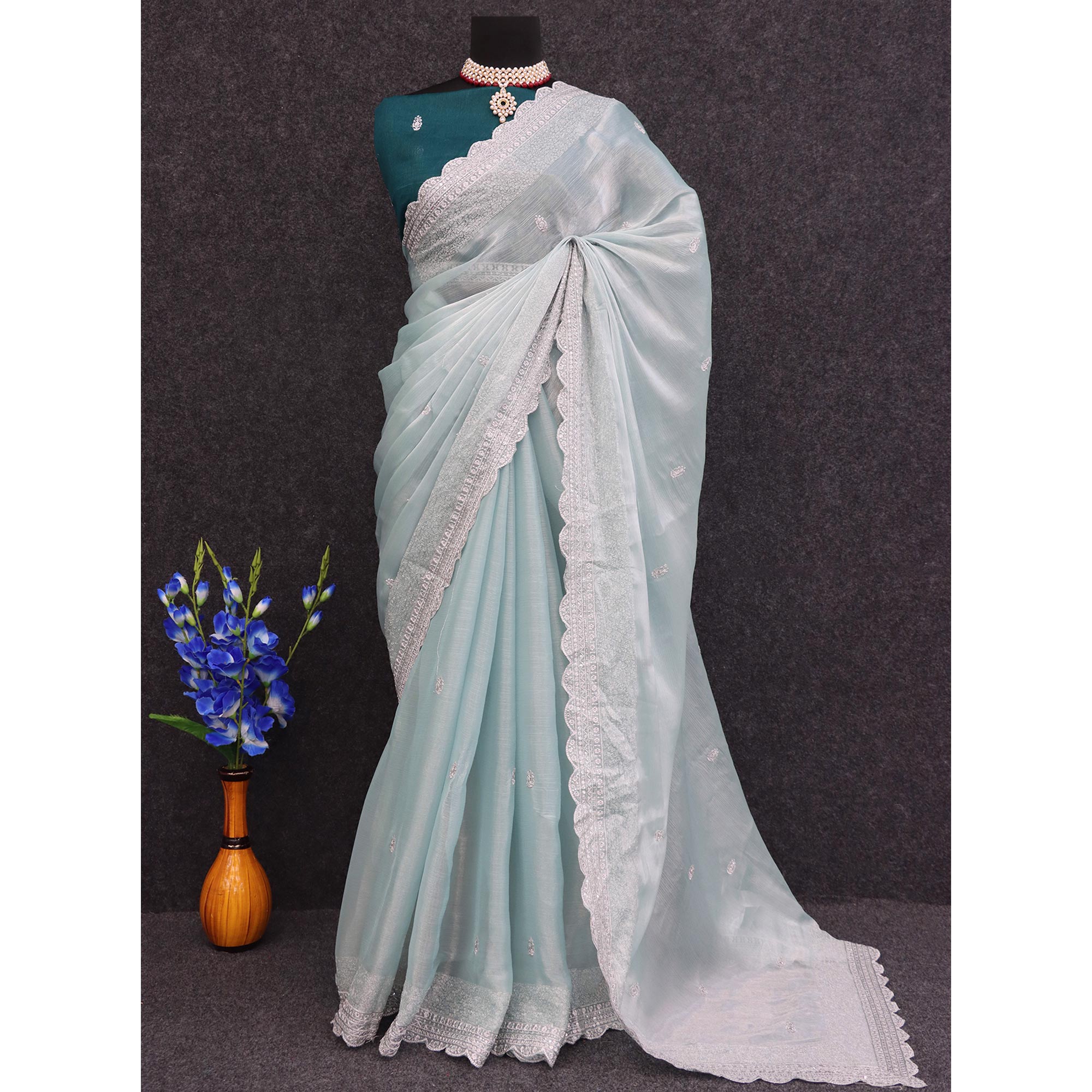 Sea Green Sequins Embroidered Chiffon Saree