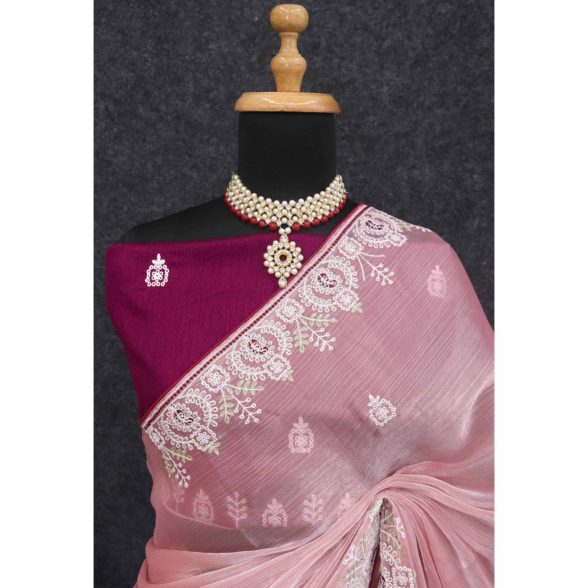 Pink Sequins Embroidered Chiffon Silk Saree