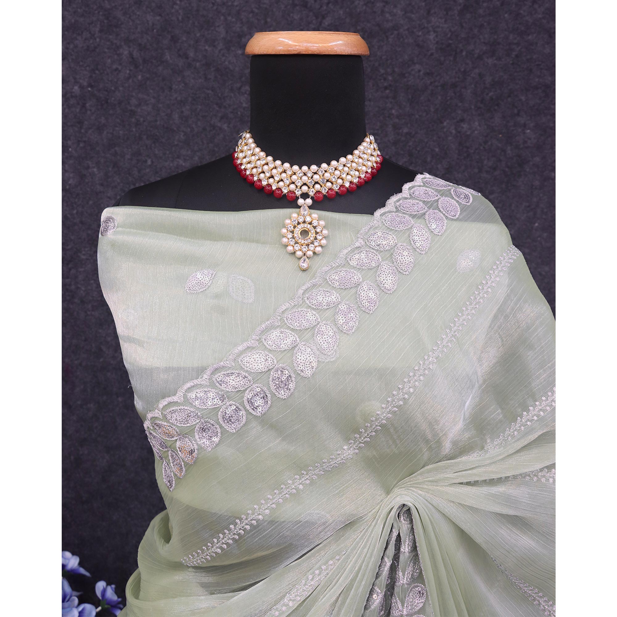 Pista Green Sequins Embroidered Chiffon Silk Saree