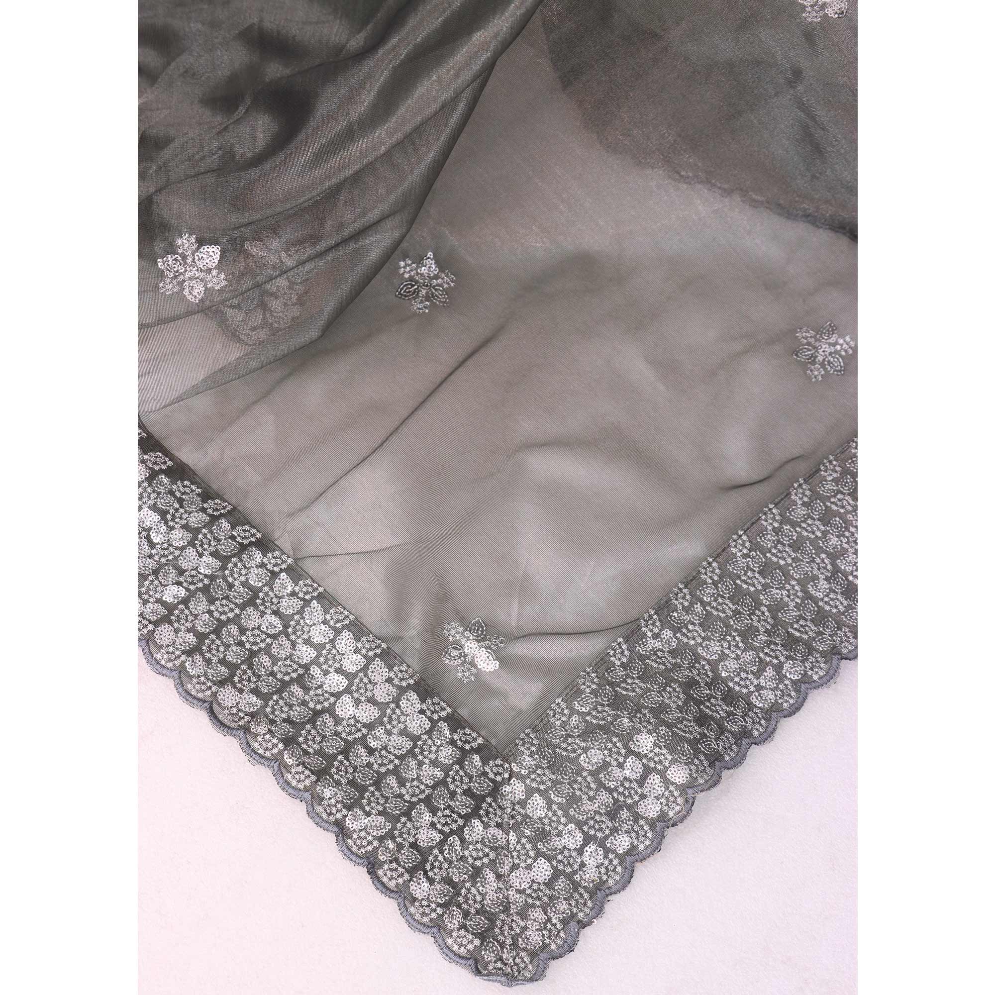 Grey Floral Embroidered Net Saree