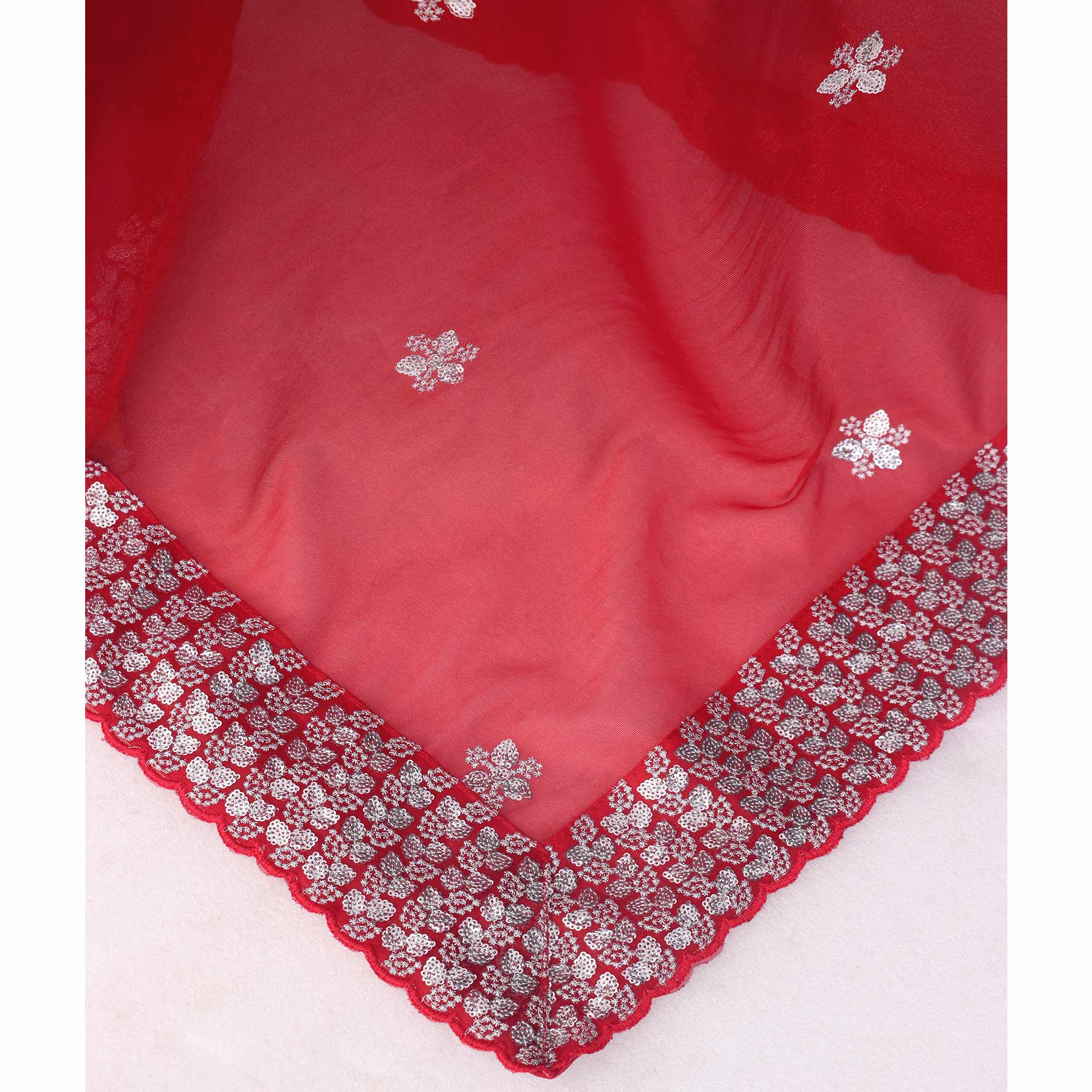 Red Floral Embroidered Net Saree