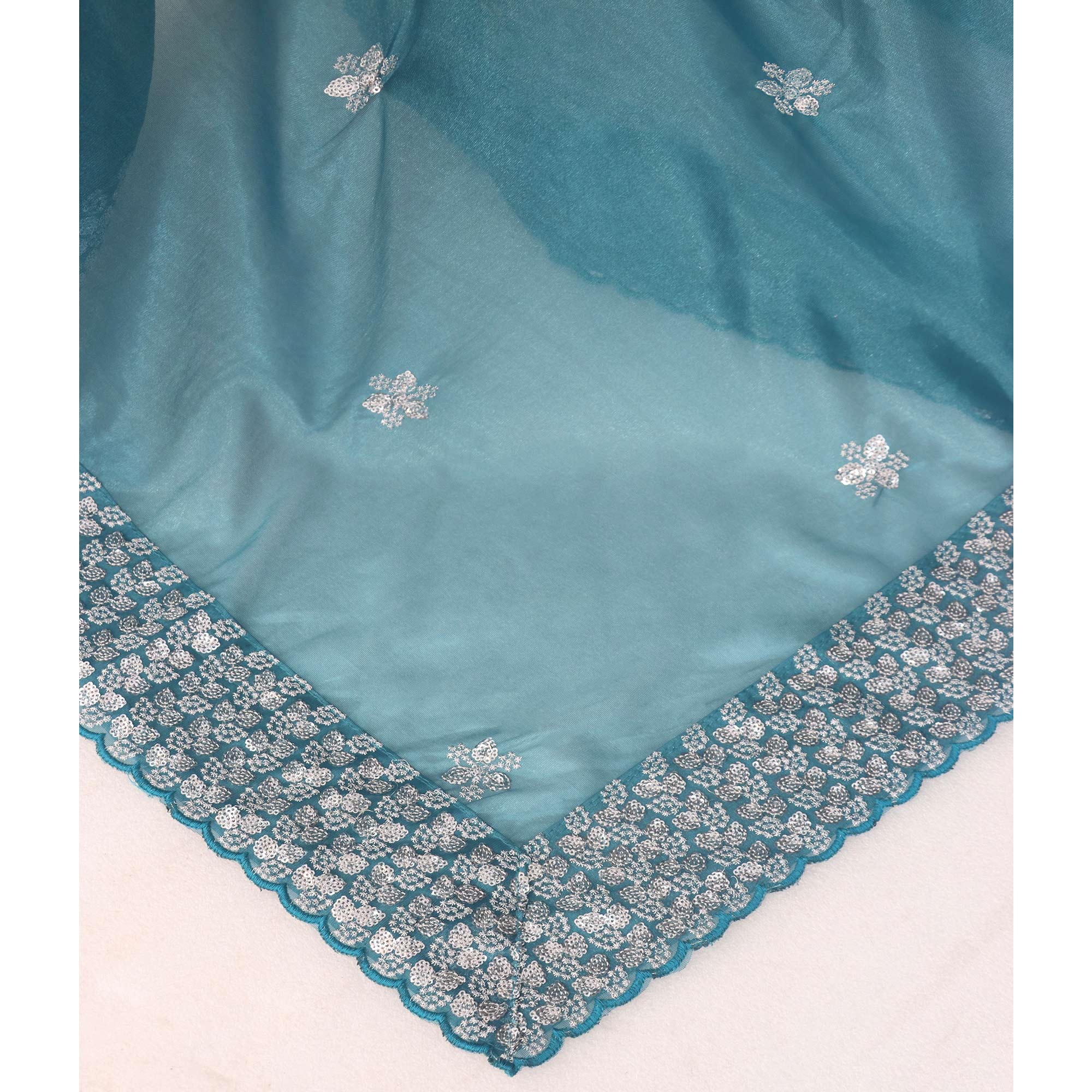 Teal Floral Embroidered Net Saree