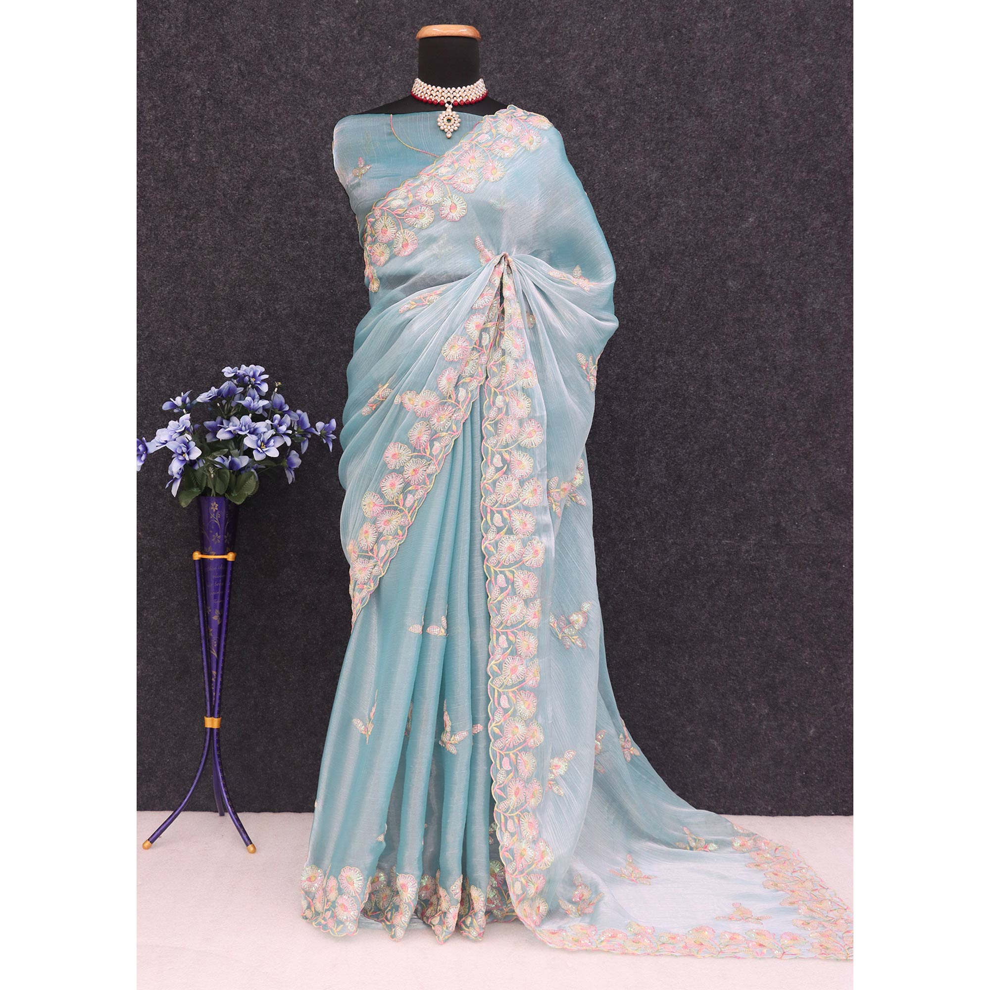 Sky Blue Sequins Embroidered Chiffon Saree