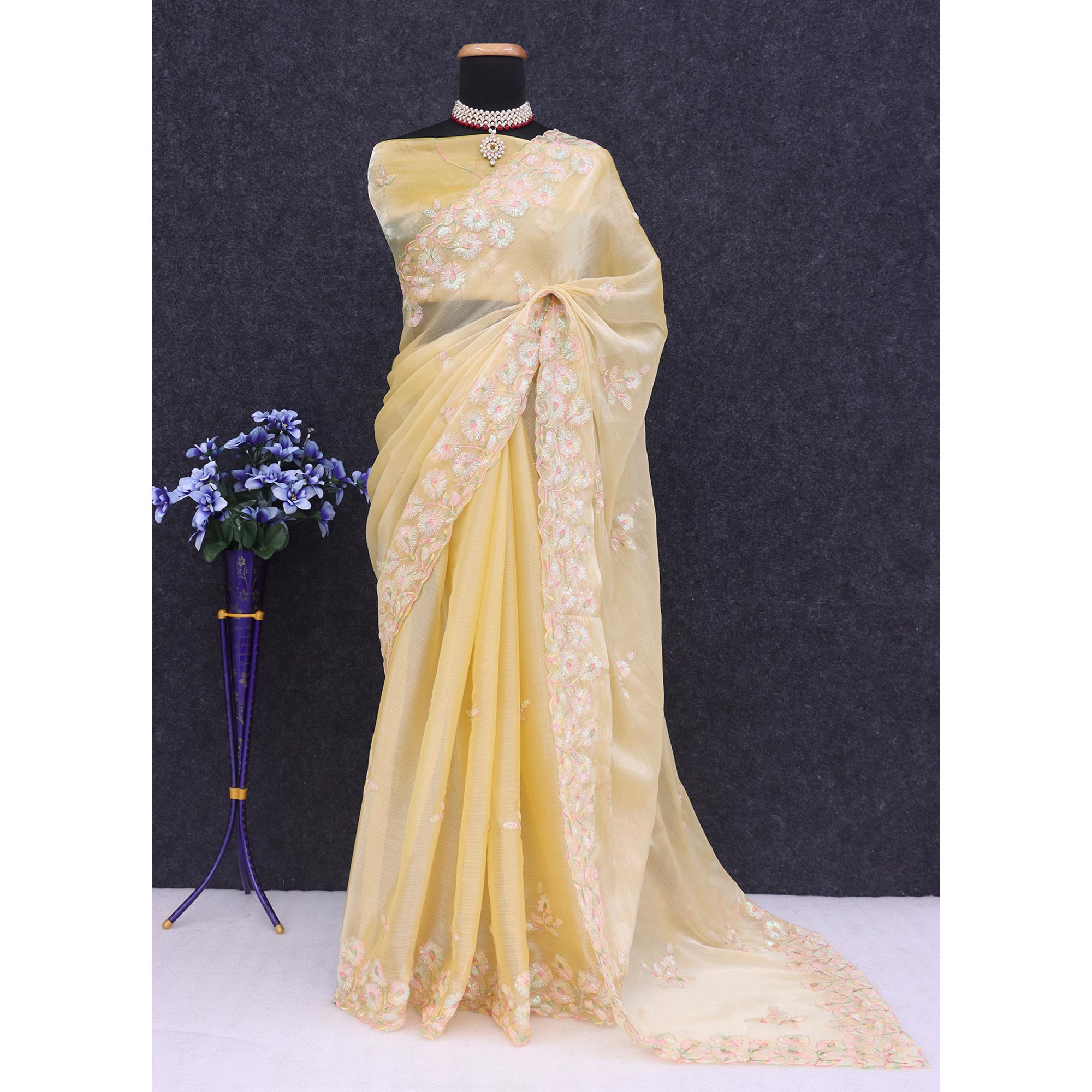 Yellow Sequins Embroidered Chiffon Saree
