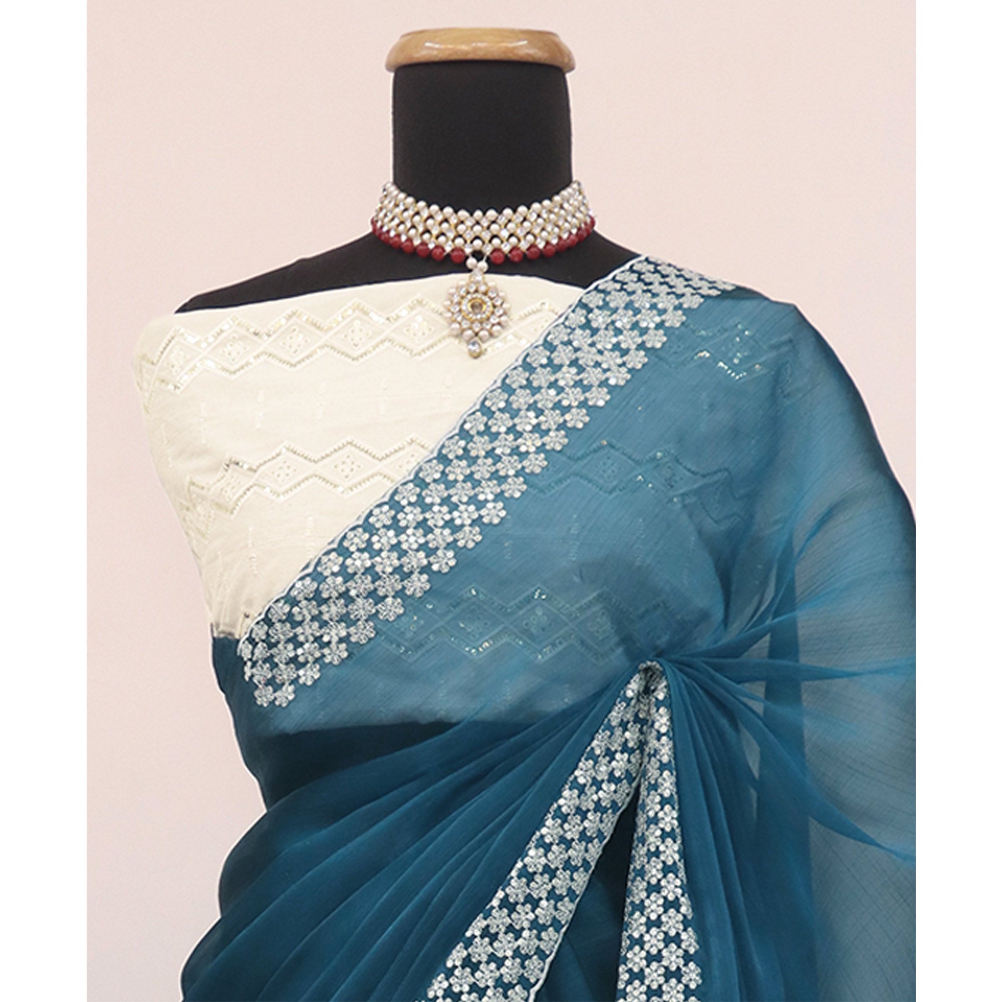 Teal Sequins Embroidered Chiffon Saree