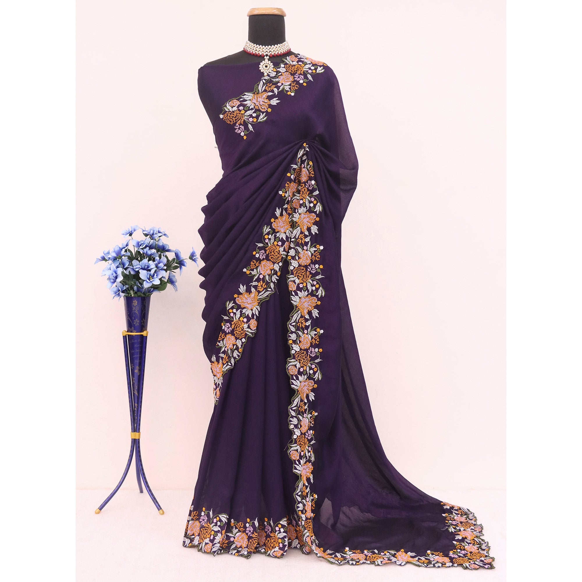 Purple Embroidery Vichitra Silk Saree With Floral Border