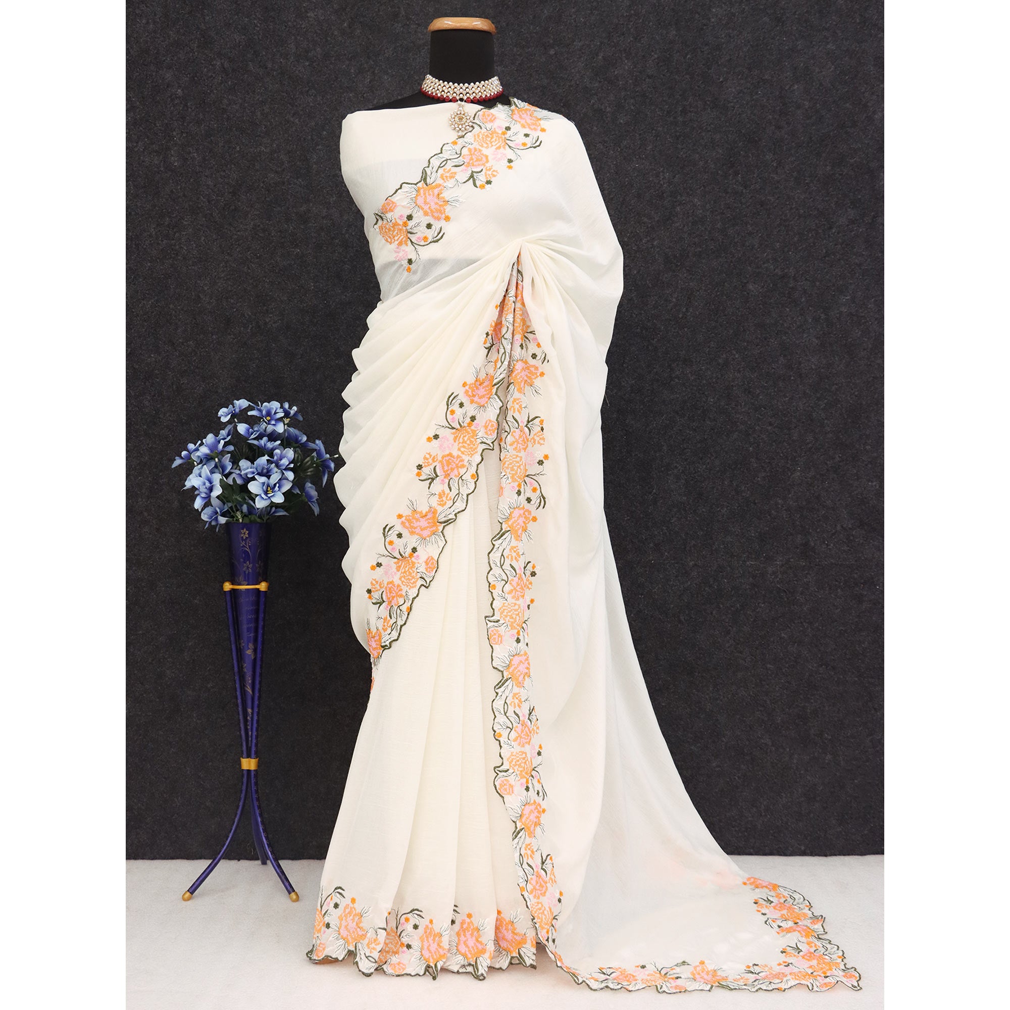 White Embroidery Vichitra Silk Saree With Floral Border