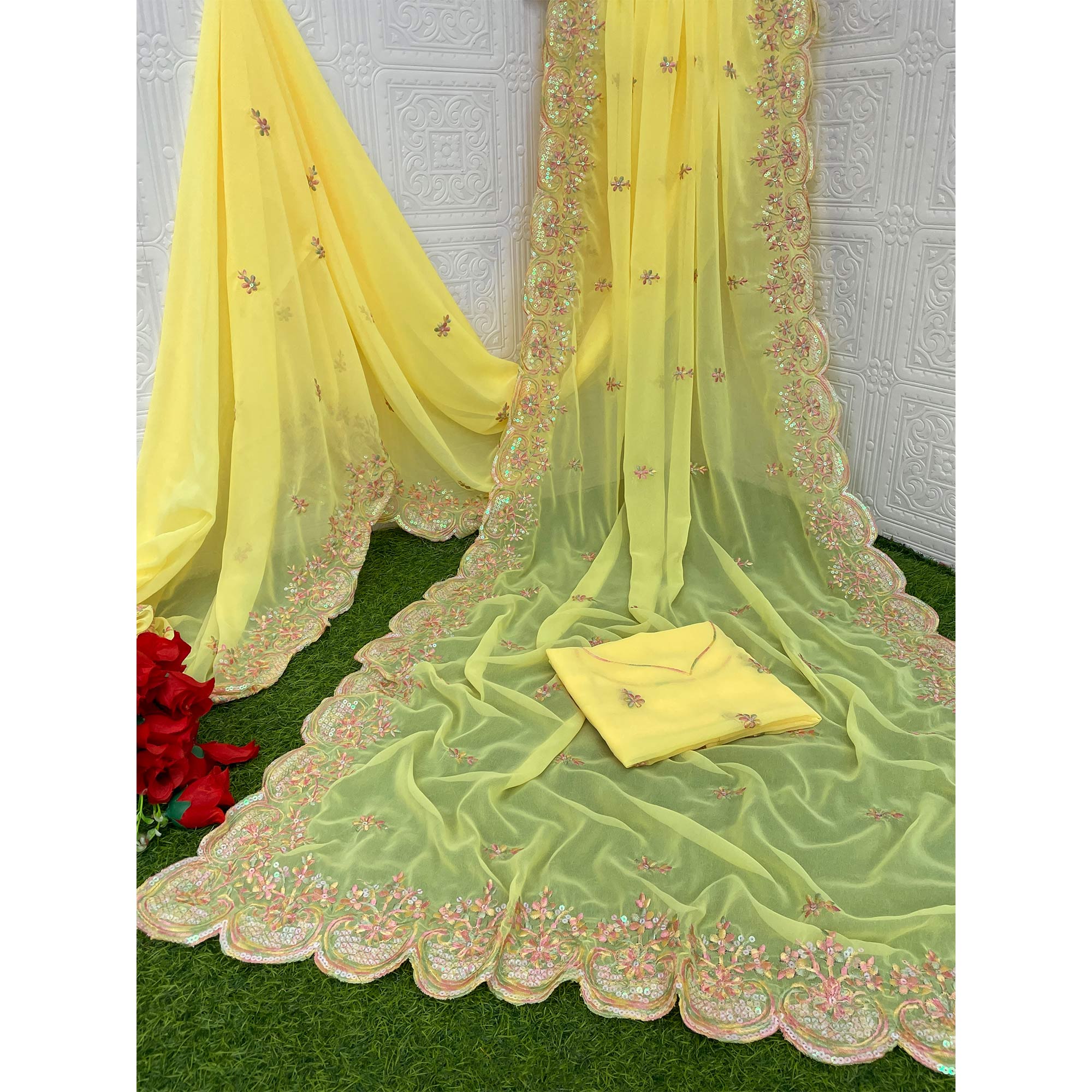 Yellow Floral Sequins Embroidered Georgette Saree