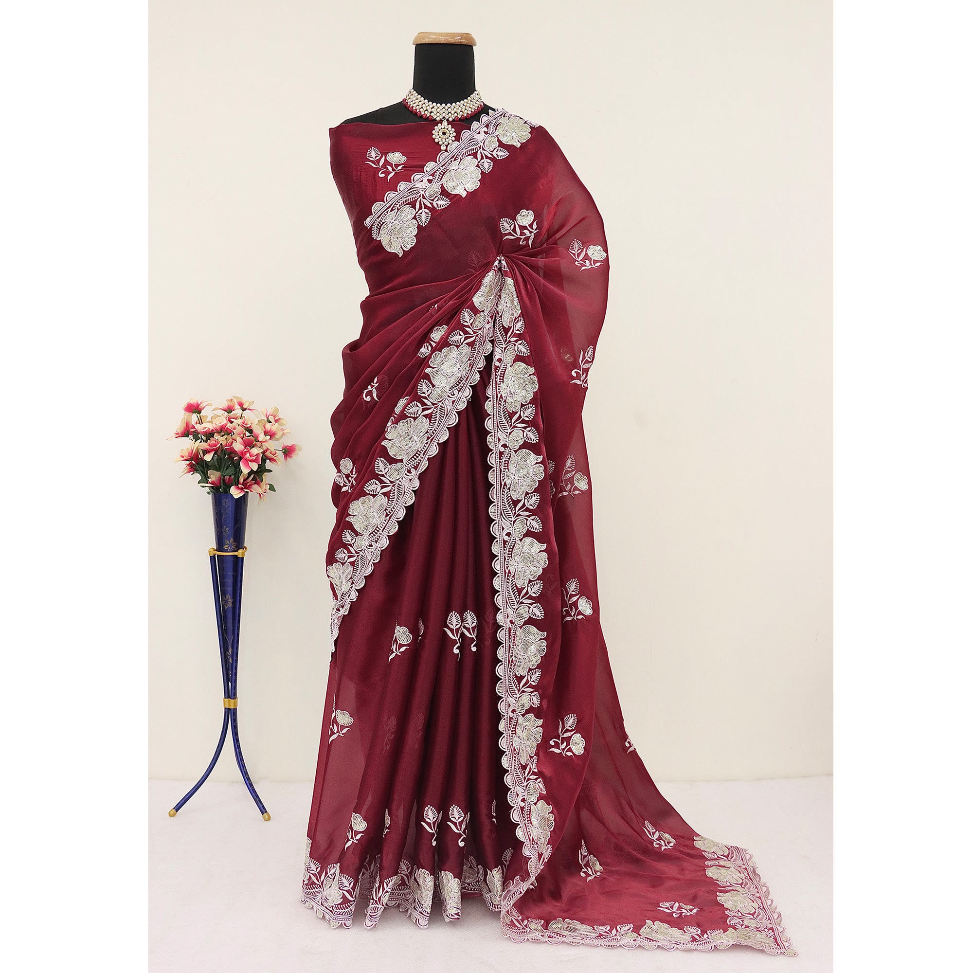 Maroon Floral Embroidered Satin Saree