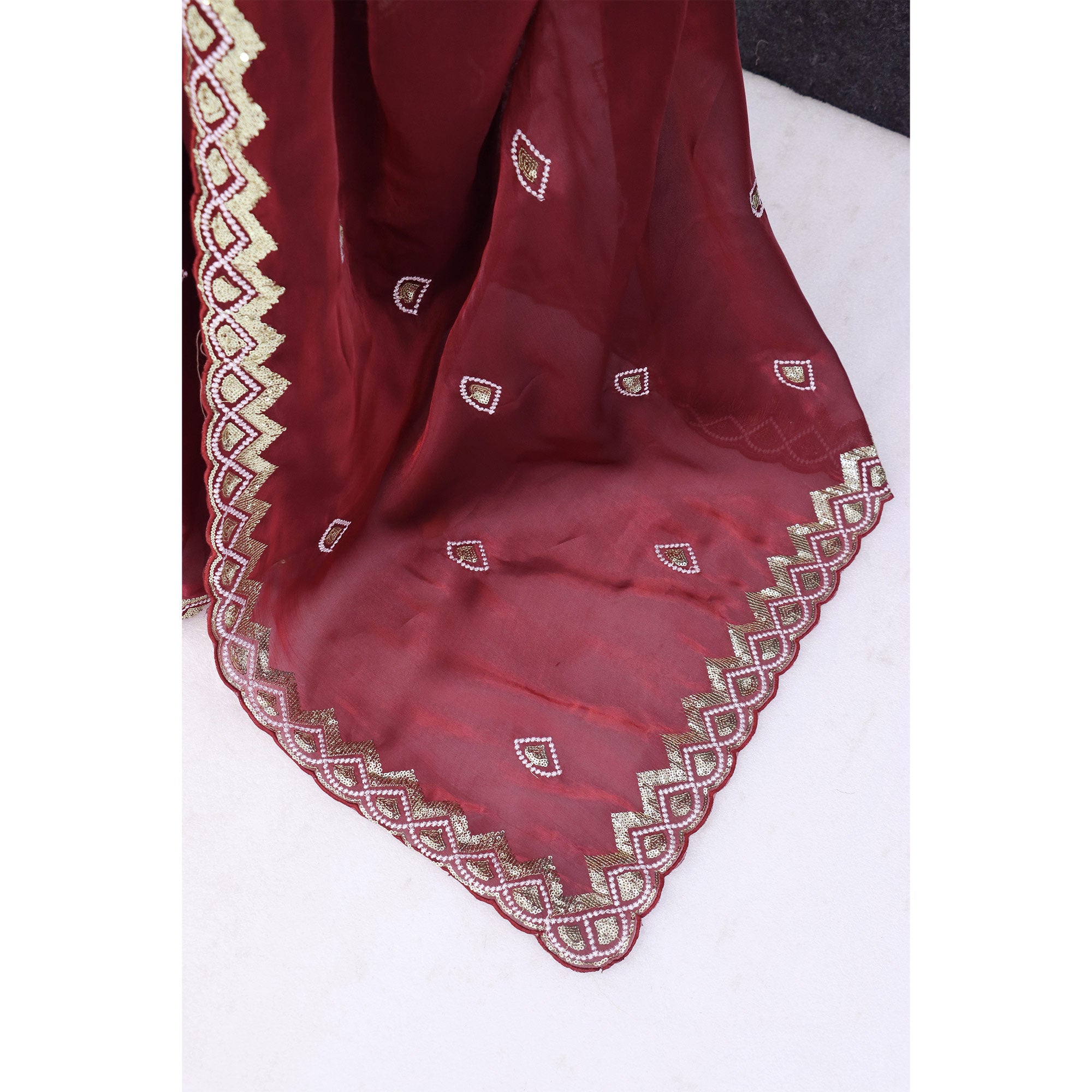 Maroon Sequins Embroidered Satin Saree
