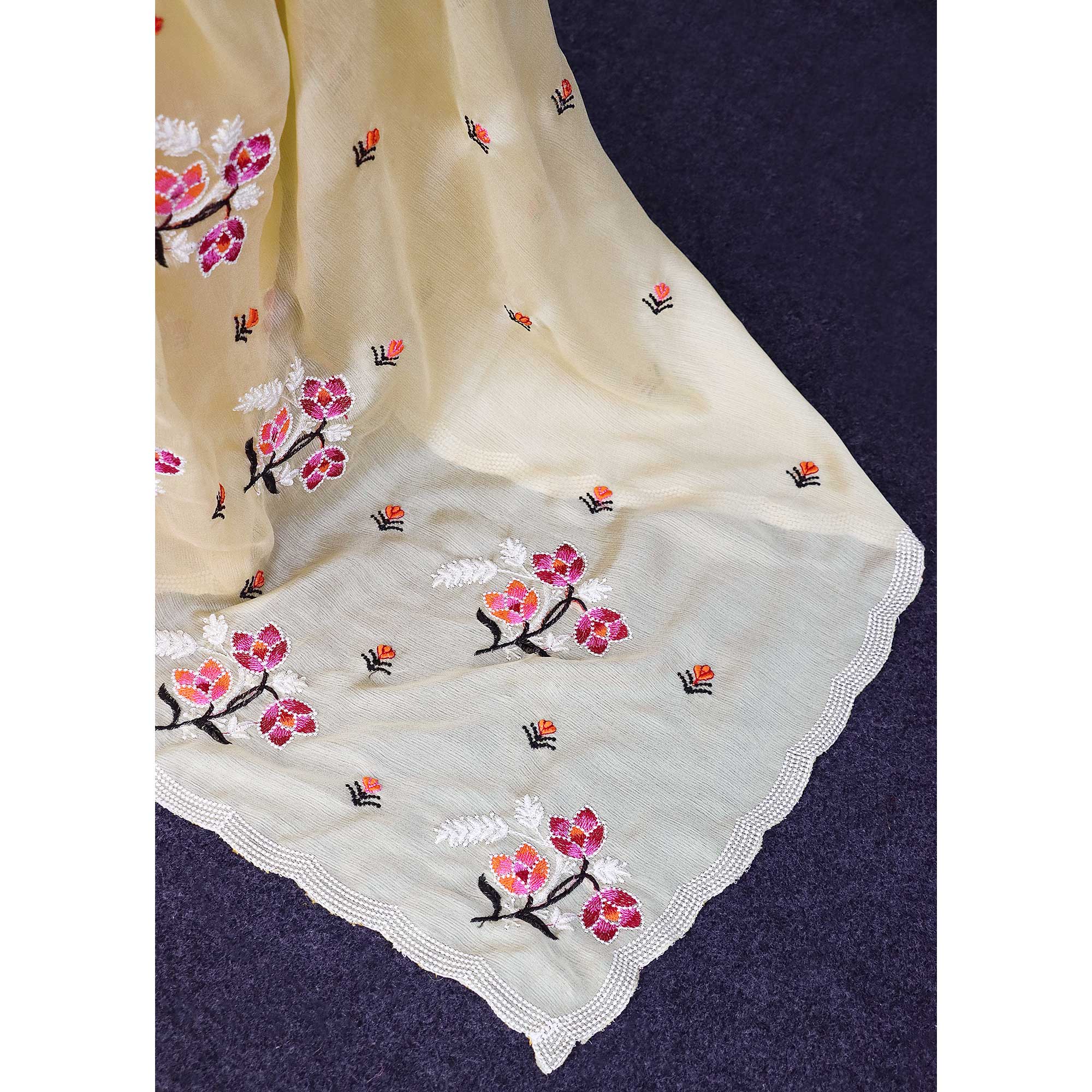 Beige Floral Embroidered Chiffon Saree