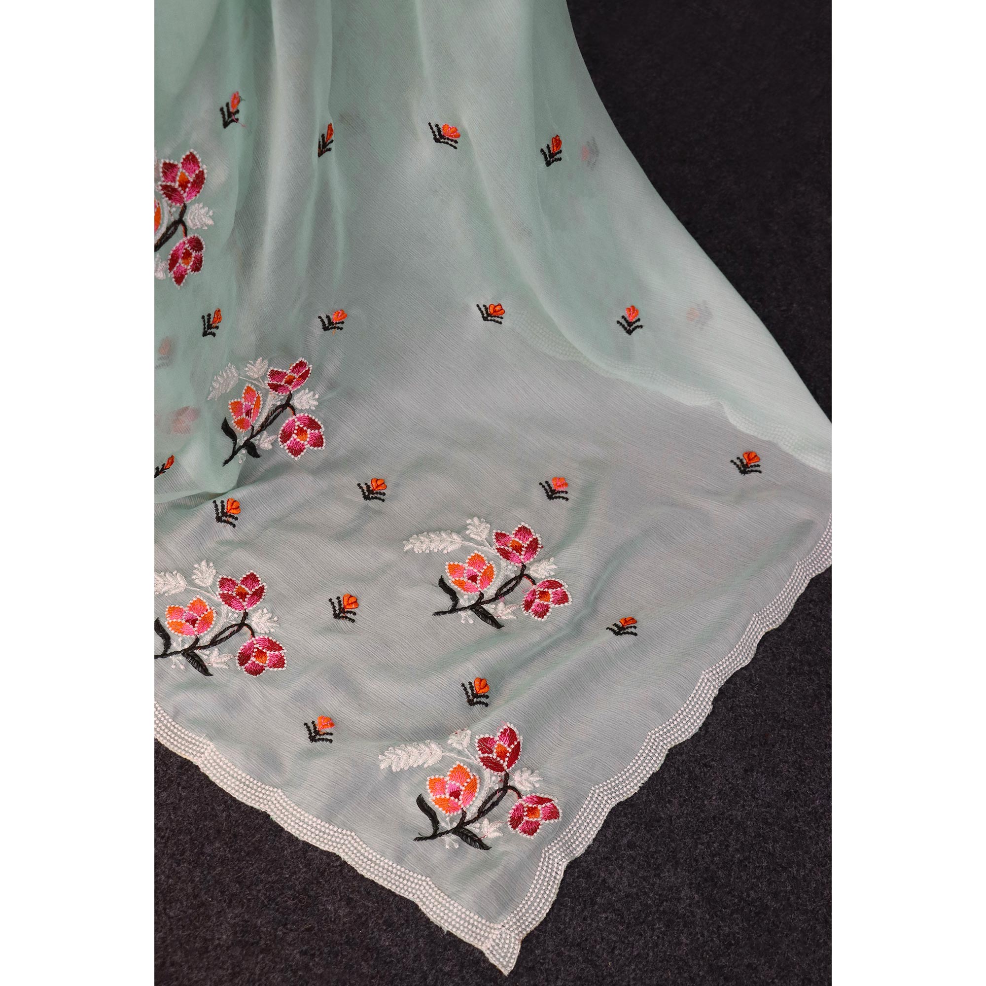 Mint Green Floral Embroidered Chiffon Saree