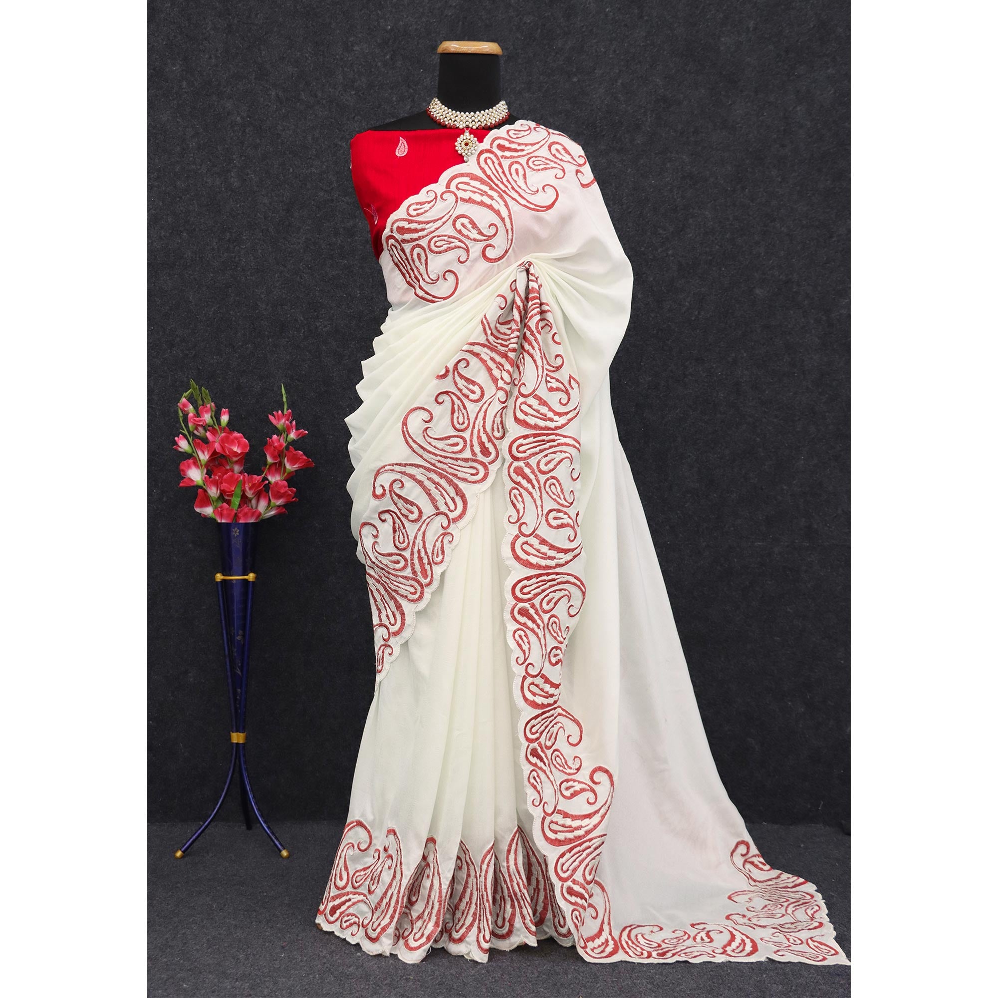 Off White Embroidered Vichitra Silk Saree