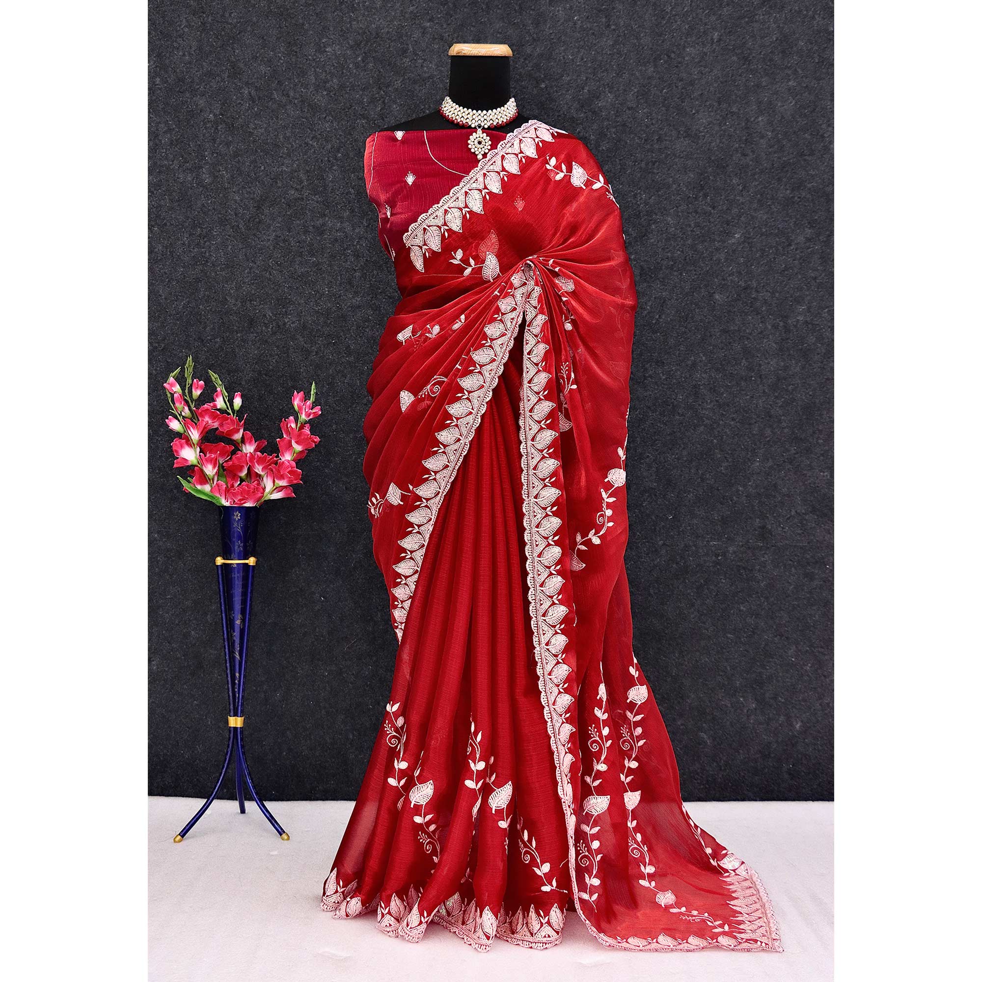 Maroon Sequins Embroidered Chiffon Saree