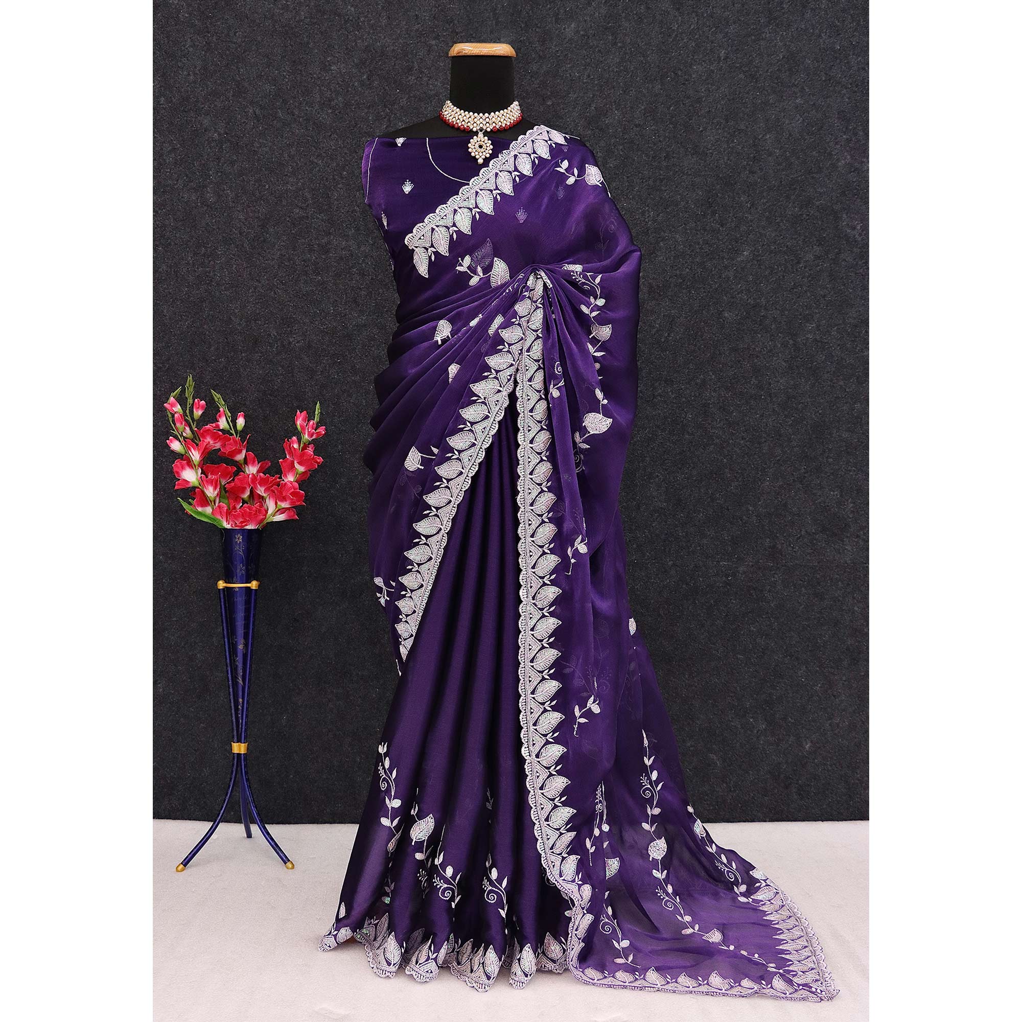 Purple Sequins Embroidered Chiffon Saree