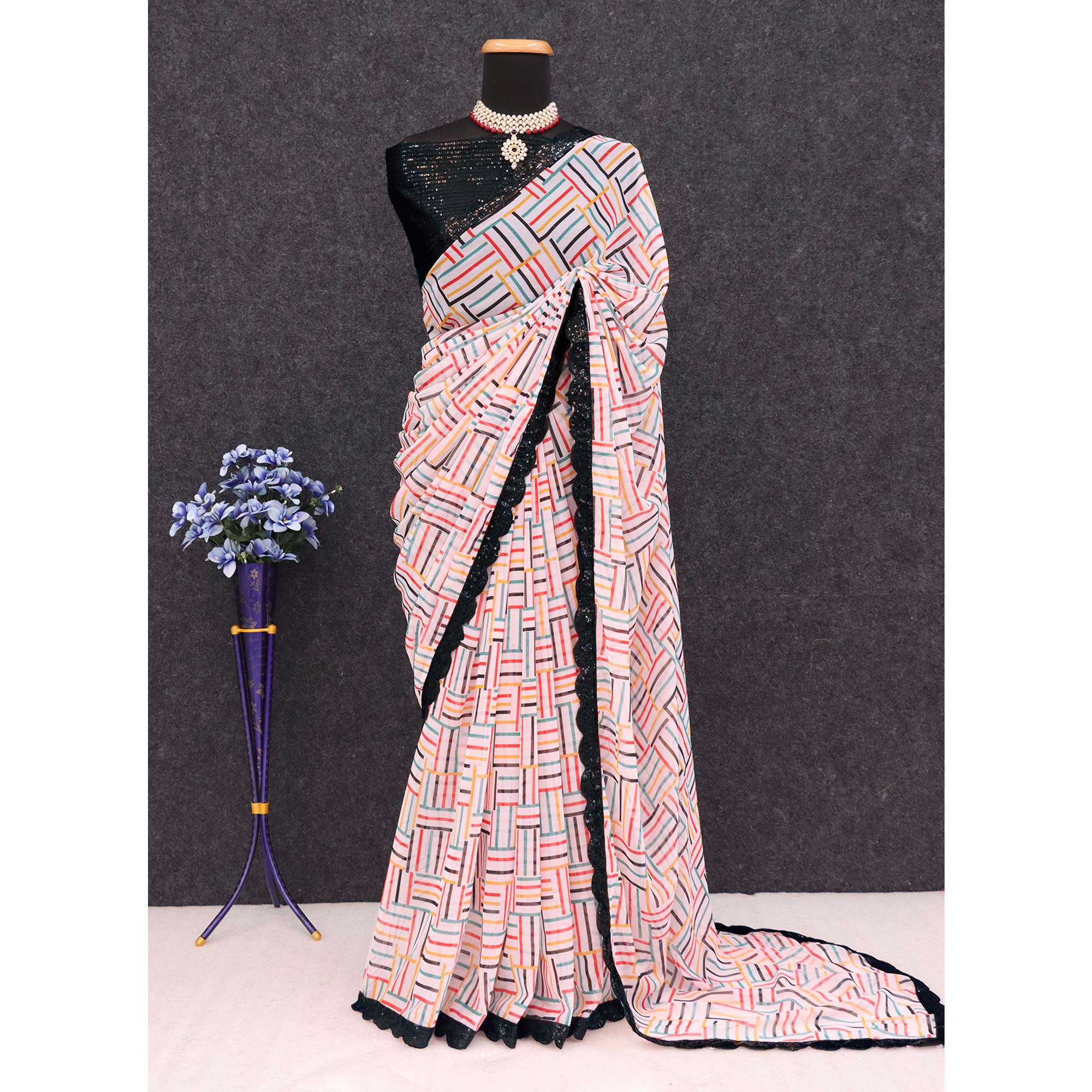 White Printed Georgette Saree With Sequins Border