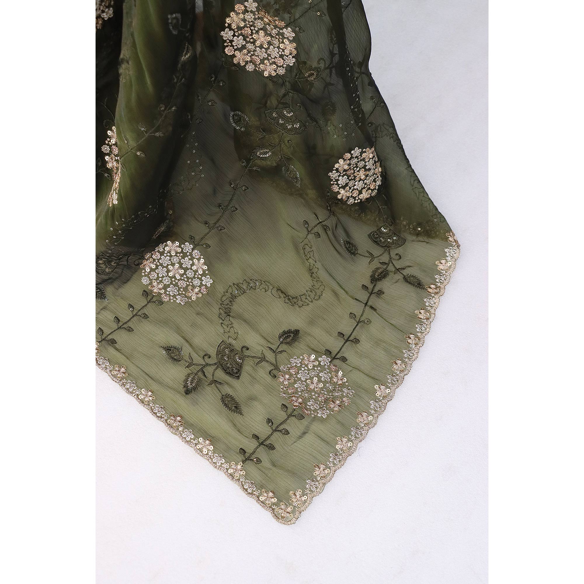 Green Sequins Embroidered Chiffon Saree