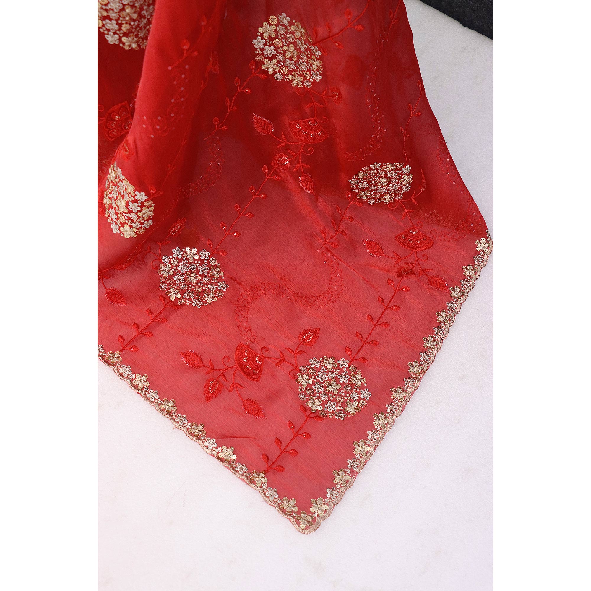 Red Sequins Embroidered Chiffon Saree