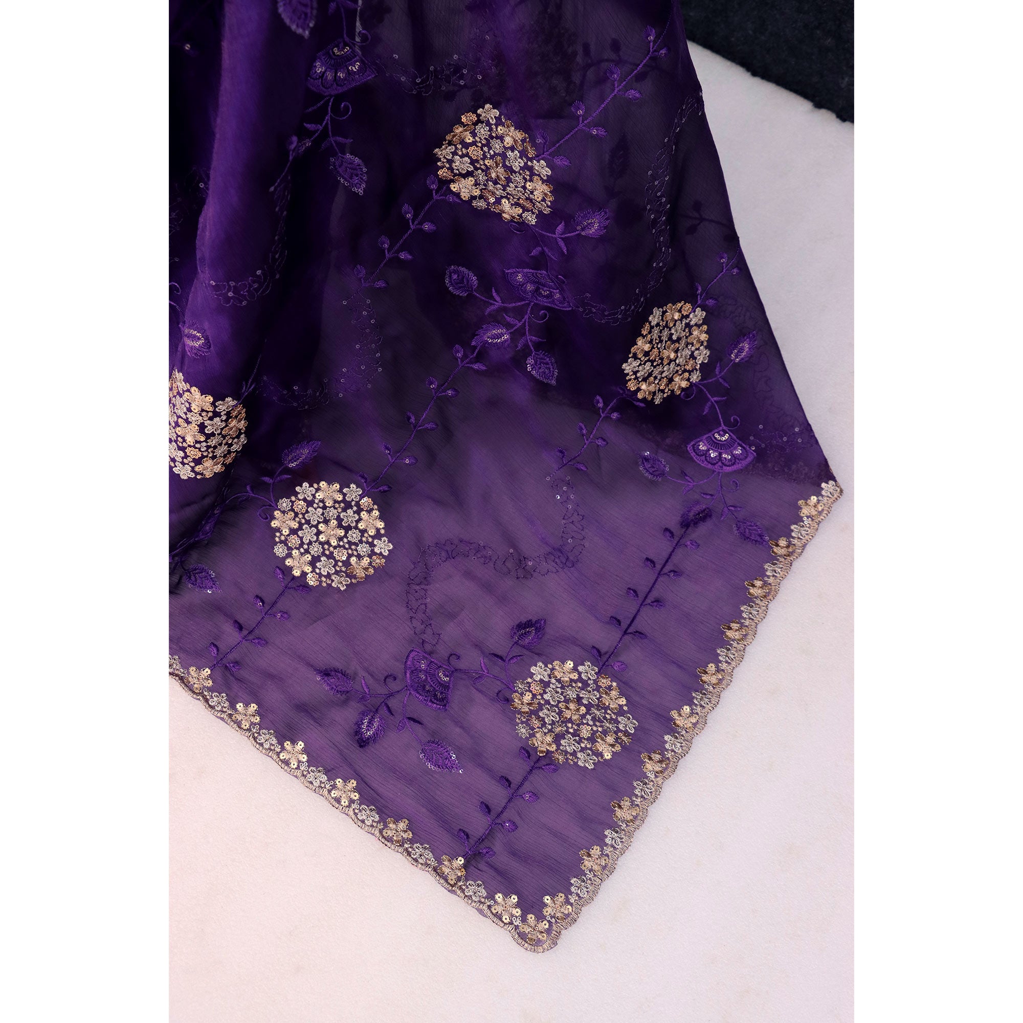 Violet Sequins Embroidered Chiffon Saree