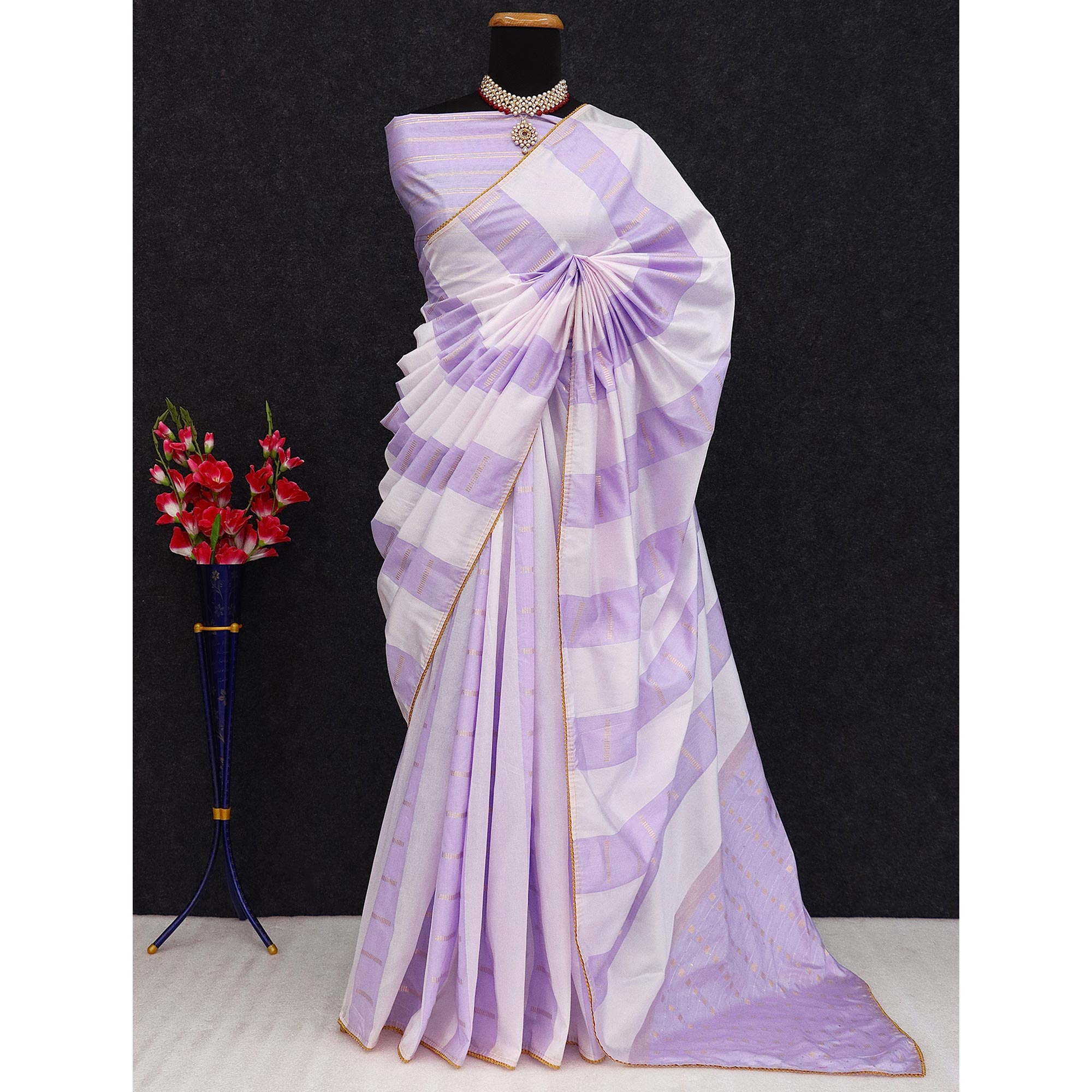 Lavender Zari Woven With Sequins Work Tussar Silk Saree With Lace Border