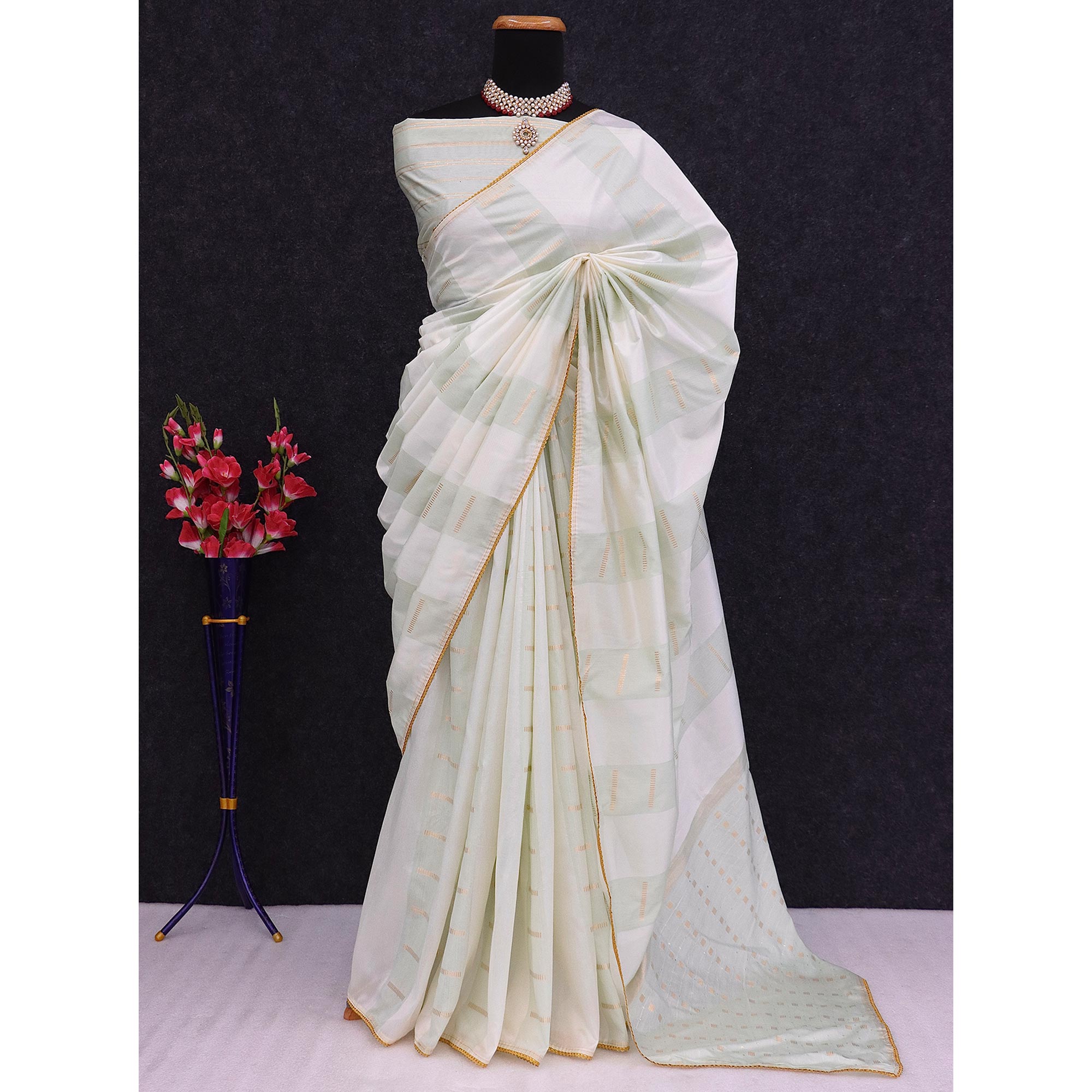 Light Pista Green Zari Woven With Sequins Work Tussar Silk Saree With Lace Border