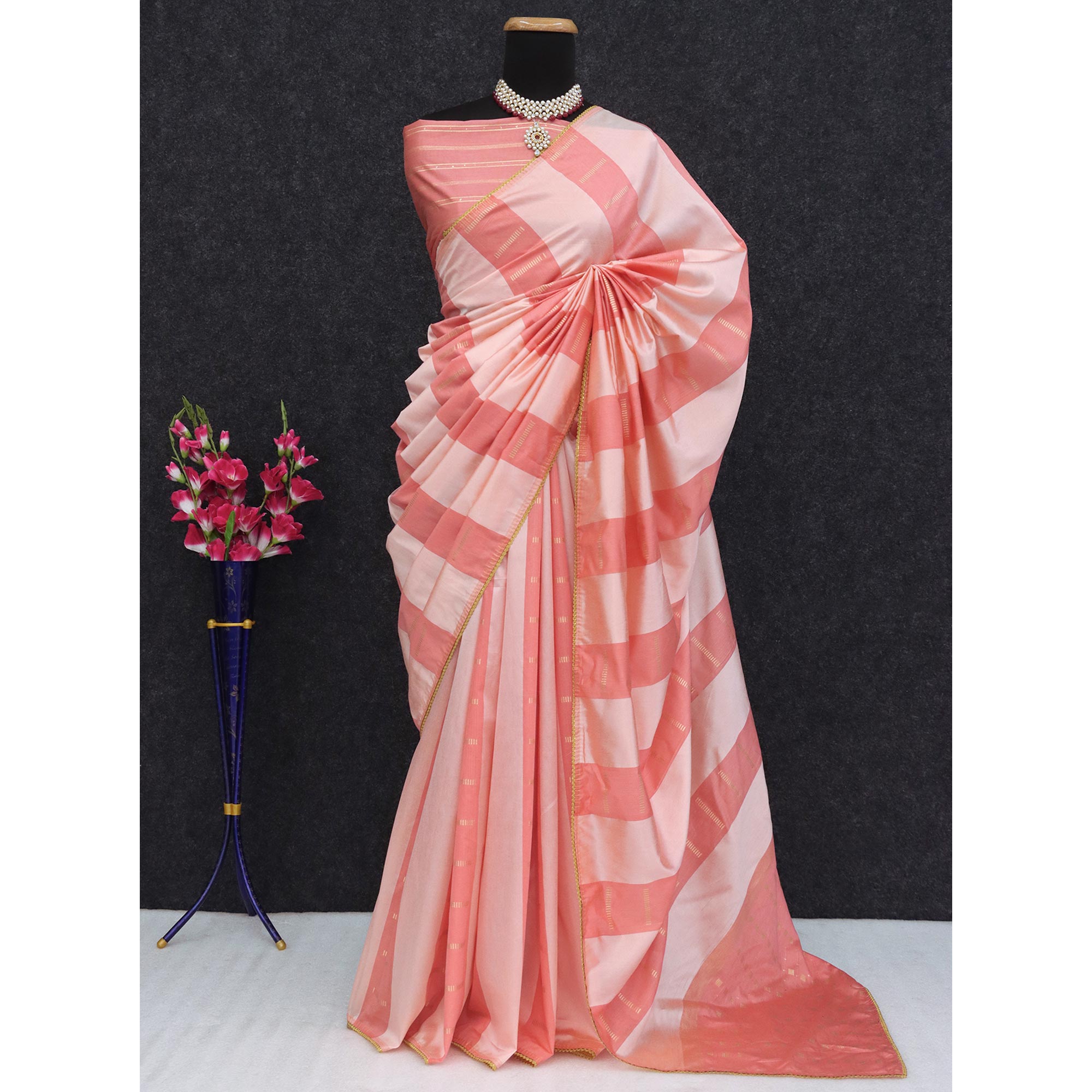 Peach Zari Woven With Sequins Work Tussar Silk Saree With Lace Border